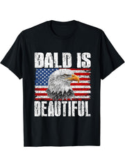 Bald Is Beautiful 4th of July Independence Day Bald Eagle T-Shirt 180G 100% Cotton Printed Round Neck Short-Sleeve T-Shirt, Gifts for Men Dad Husband Grandpa, S-XXXL, Black