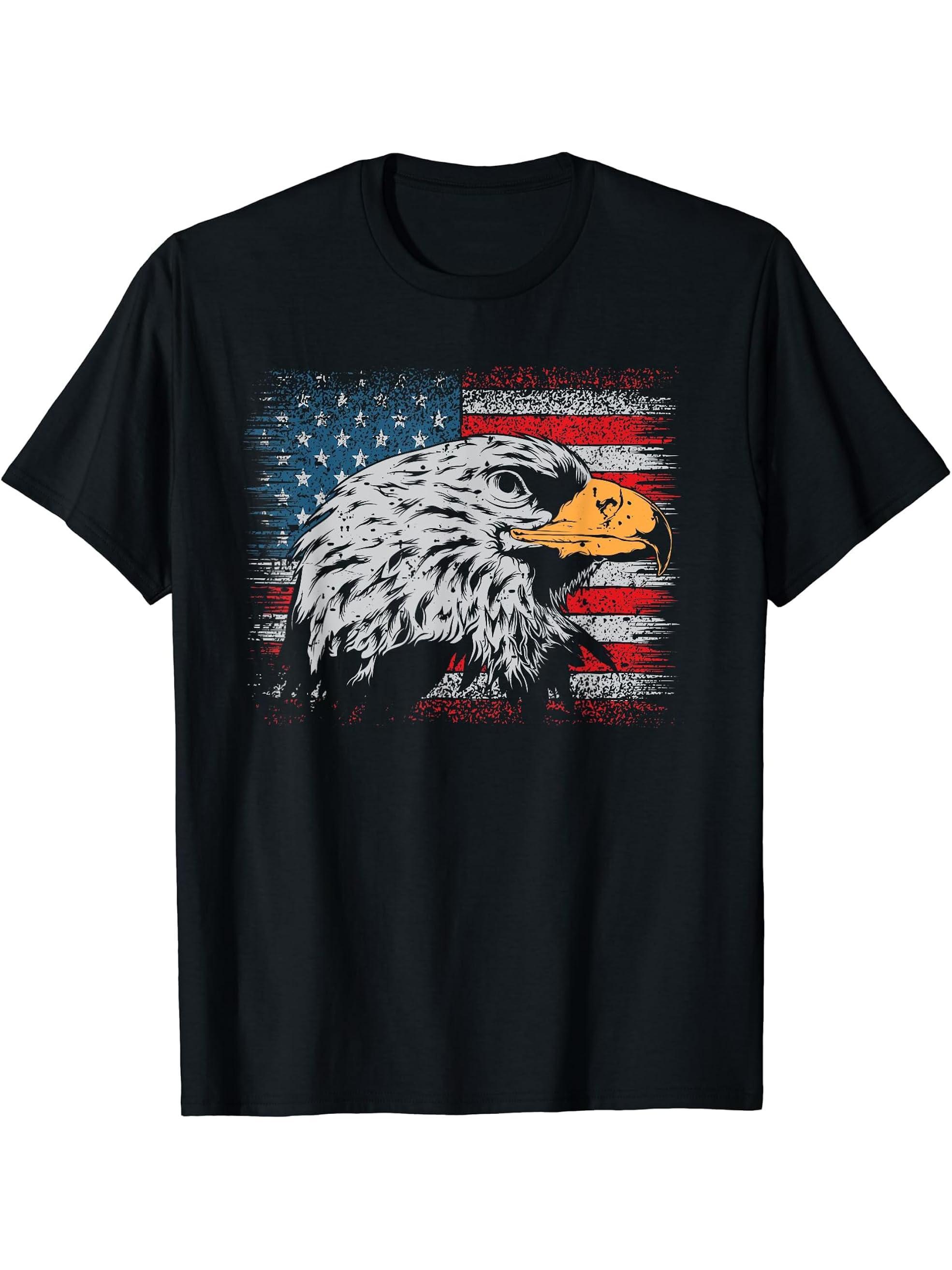 Patriotic Bald Eagle USA American Flag Distressed T-Shirt 180G 100% Cotton Printed Round Neck Short-Sleeve T-Shirt, Gifts for Men Dad Husband Grandpa, S-XXXL, Black