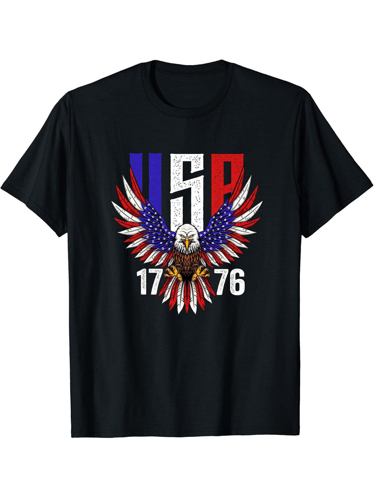 USA 1776 Bald Eagle American Flag4th of July Men Patriotic T-Shirt 180G 100% Cotton Printed Round Neck Short-Sleeve T-Shirt, Gifts for Men Dad Husband Grandpa, S-XXXL, Black