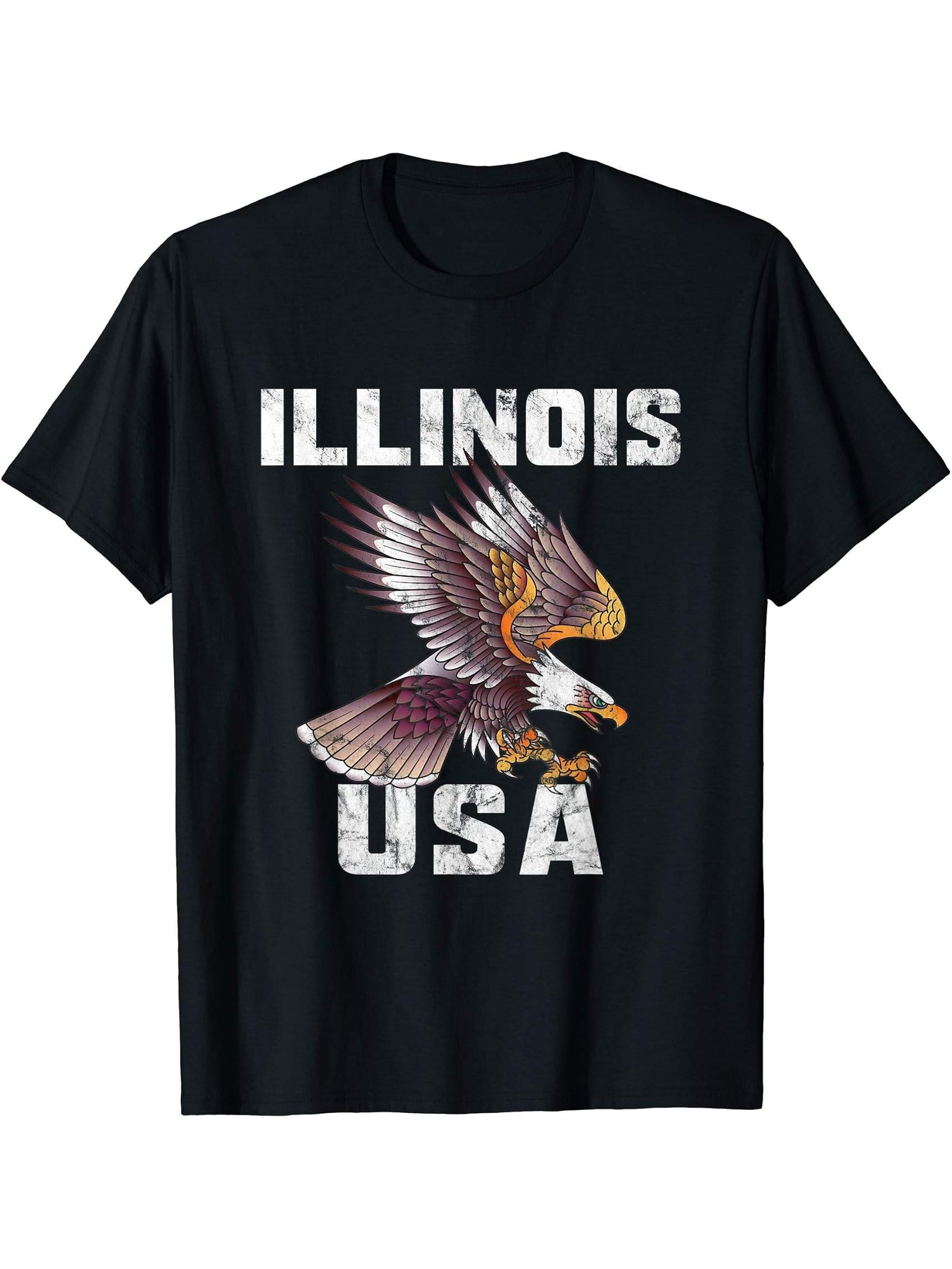 Retro Distressed Illinois USA Bald Eagle Gift T-Shirt 180G 100% Cotton Printed Round Neck Short-Sleeve T-Shirt, Gifts for Men Dad Husband Grandpa, S-XXXL, Black