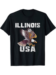 Retro Distressed Illinois USA Bald Eagle Gift T-Shirt 180G 100% Cotton Printed Round Neck Short-Sleeve T-Shirt, Gifts for Men Dad Husband Grandpa, S-XXXL, Black