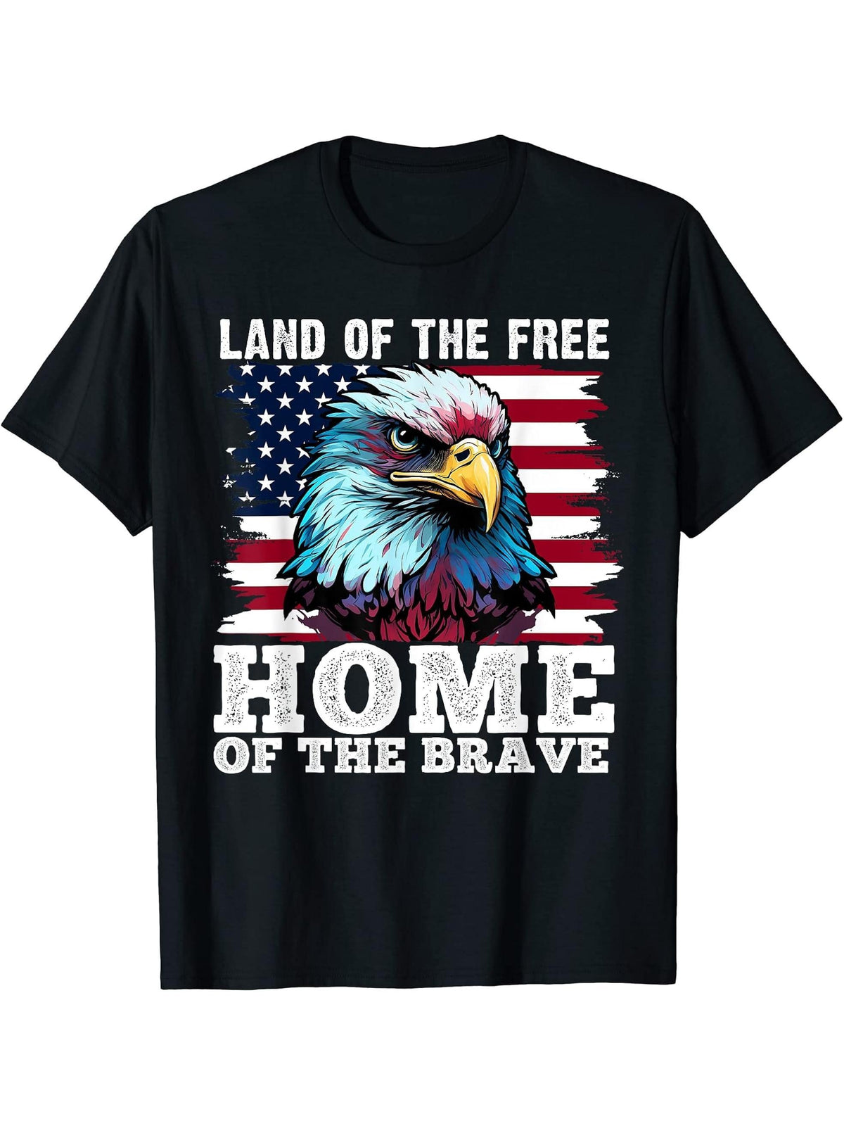 Patriotic American Bald Eagle Land of Free Independence Day T-Shirt 180G 100% Cotton Printed Round Neck Short-Sleeve T-Shirt, Gifts for Men Dad Husband Grandpa, S-XXXL, Black