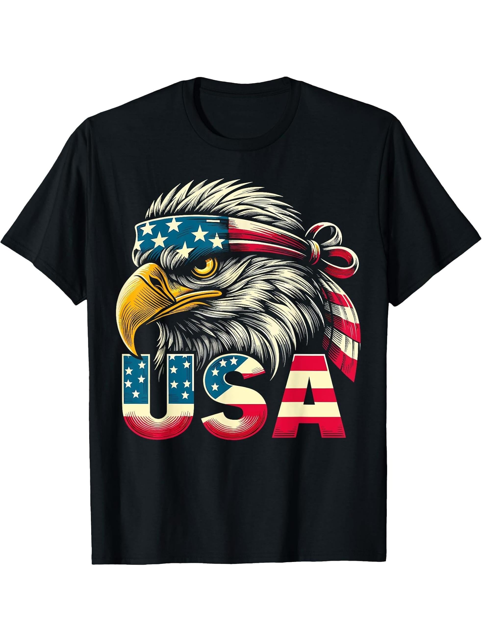 USA American Flag Bald Eagle Patriotic T-Shirt 180G 100% Cotton Printed Round Neck Short-Sleeve T-Shirt, Gifts for Men Dad Husband Grandpa, S-XXXL, Black