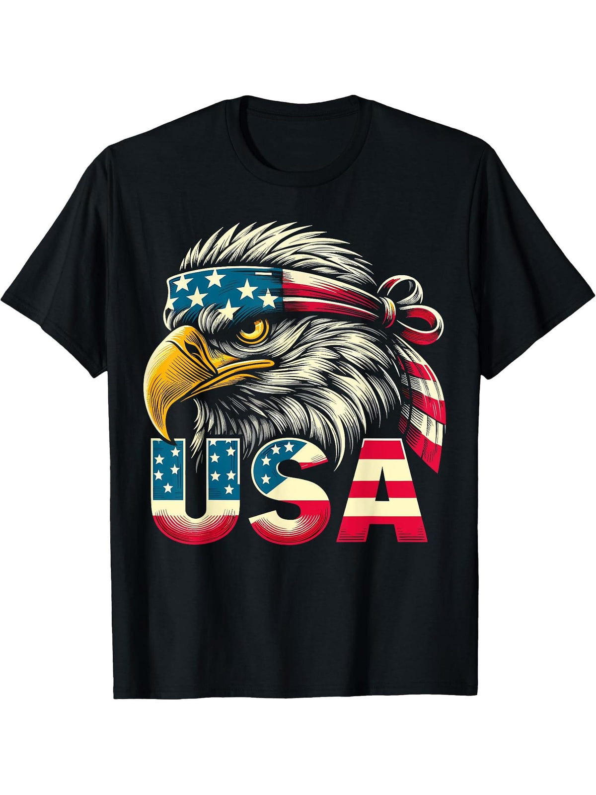 USA American Flag Bald Eagle Patriotic T-Shirt 180G 100% Cotton Printed Round Neck Short-Sleeve T-Shirt, Gifts for Men Dad Husband Grandpa, S-XXXL, Black