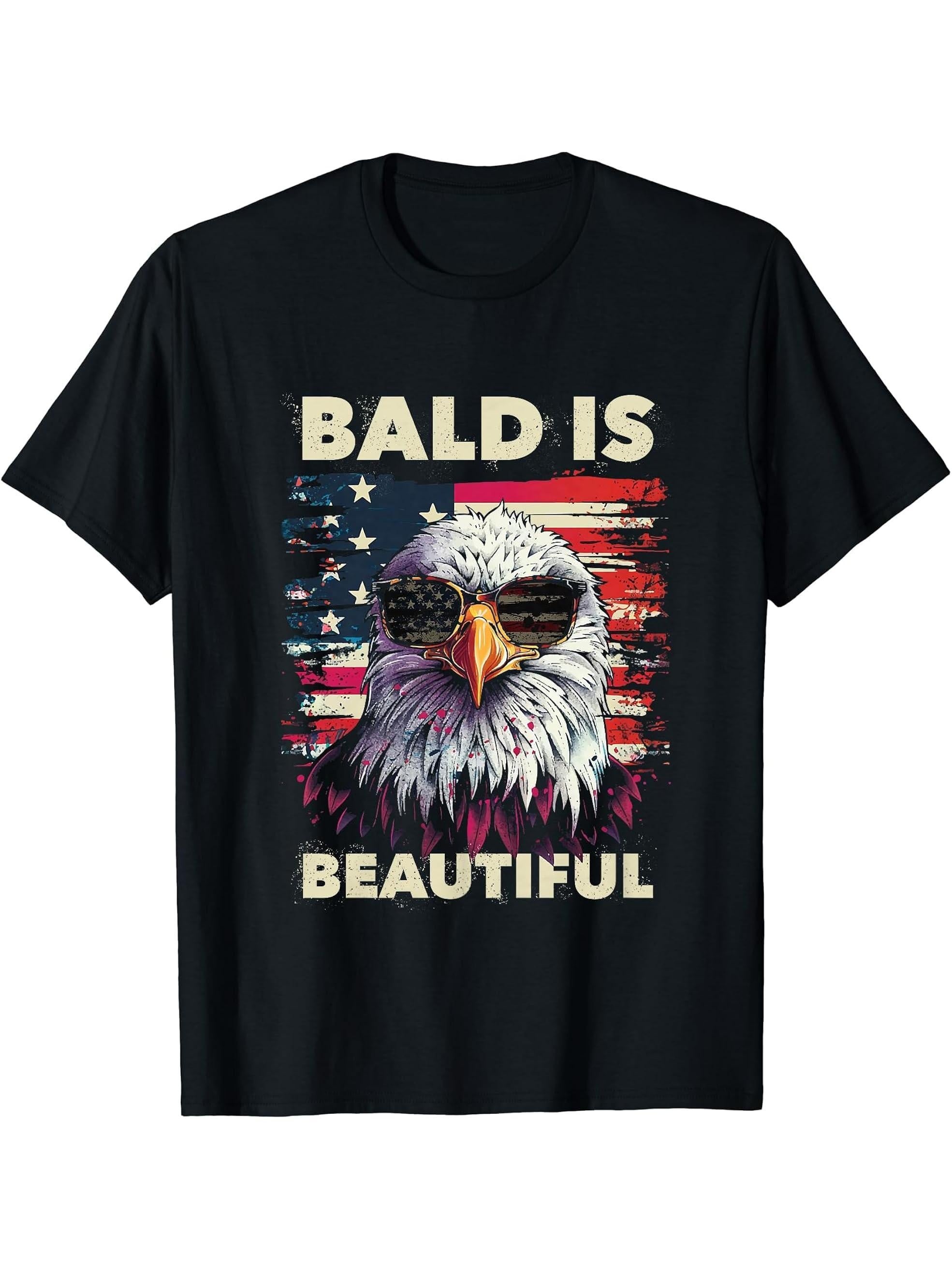 Bald Is Beautiful 4th of July Independence Day Bald Eagle T-Shirt 180G 100% Cotton Printed Round Neck Short-Sleeve T-Shirt, Gifts for Men Dad Husband Grandpa, S-XXXL, Black