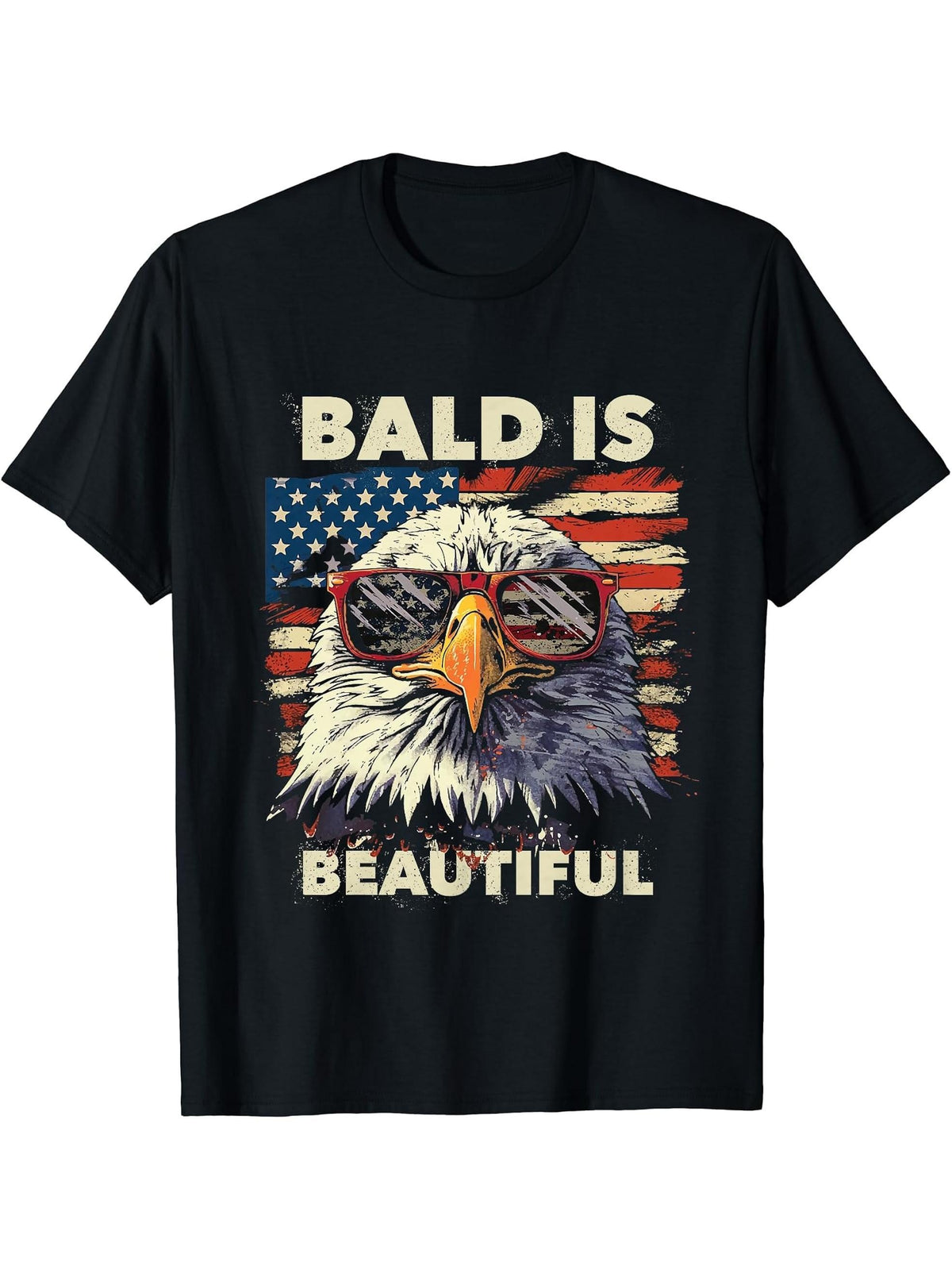 Bald Is Beautiful 4th of July Independence Day Bald Eagle T-Shirt 180G 100% Cotton Printed Round Neck Short-Sleeve T-Shirt, Gifts for Men Dad Husband Grandpa, S-XXXL, Black