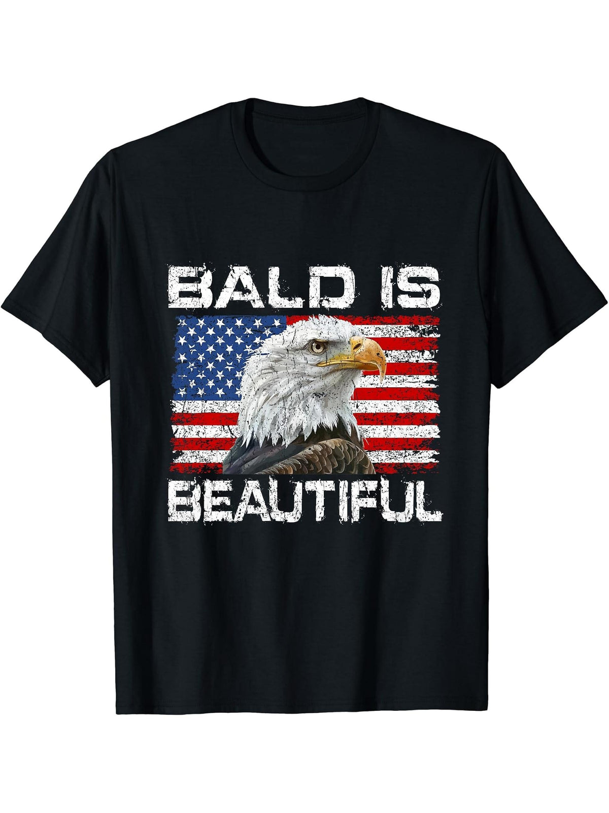 Bald Is Beautiful 4th of July Independence Day Bald Eagle T-Shirt 180G 100% Cotton Printed Round Neck Short-Sleeve T-Shirt, Gifts for Men Dad Husband Grandpa, S-XXXL, Black