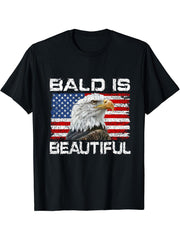 Bald Is Beautiful 4th of July Independence Day Bald Eagle T-Shirt 180G 100% Cotton Printed Round Neck Short-Sleeve T-Shirt, Gifts for Men Dad Husband Grandpa, S-XXXL, Black