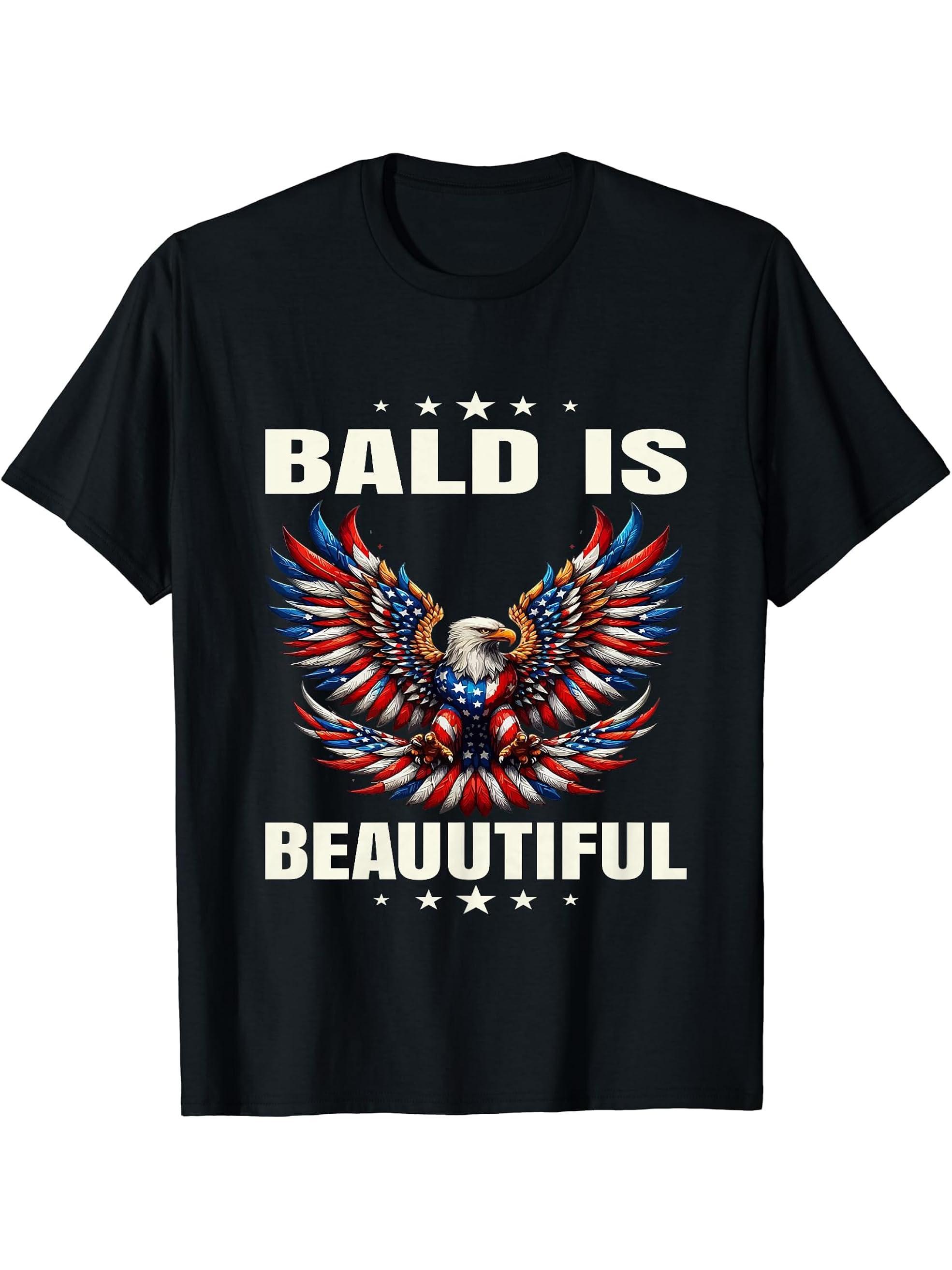 Bald Is Beautiful 4th of July Independence Day Bald Eagle T-Shirt 180G 100% Cotton Printed Round Neck Short-Sleeve T-Shirt, Gifts for Men Dad Husband Grandpa, S-XXXL, Black