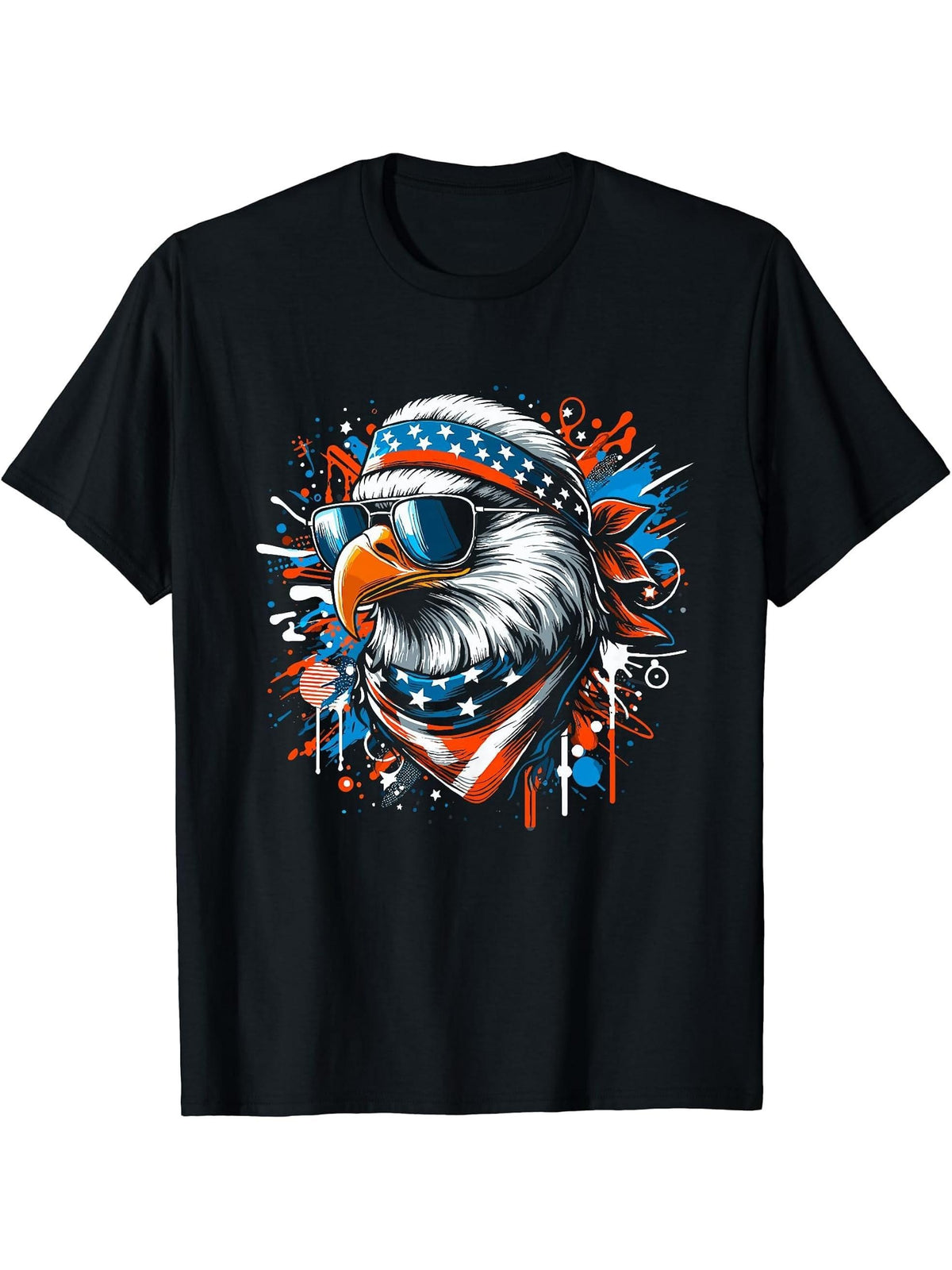 Patriotic Bald Eagle USA Flag 4th Of July Men Women Eagle T-Shirt 180G 100% Cotton Printed Round Neck Short-Sleeve T-Shirt, Gifts for Men Dad Husband Grandpa, S-XXXL, Black