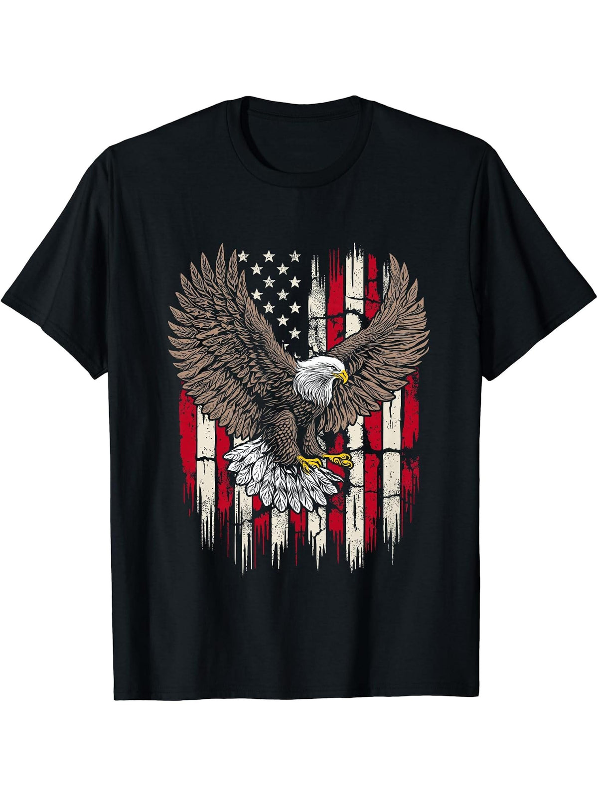 Vintage Bald Eagle Distressed American Flag USA 4th of July T-Shirt 180G 100% Cotton Printed Round Neck Short-Sleeve T-Shirt, Gifts for Men Dad Husband Grandpa, S-XXXL, Black