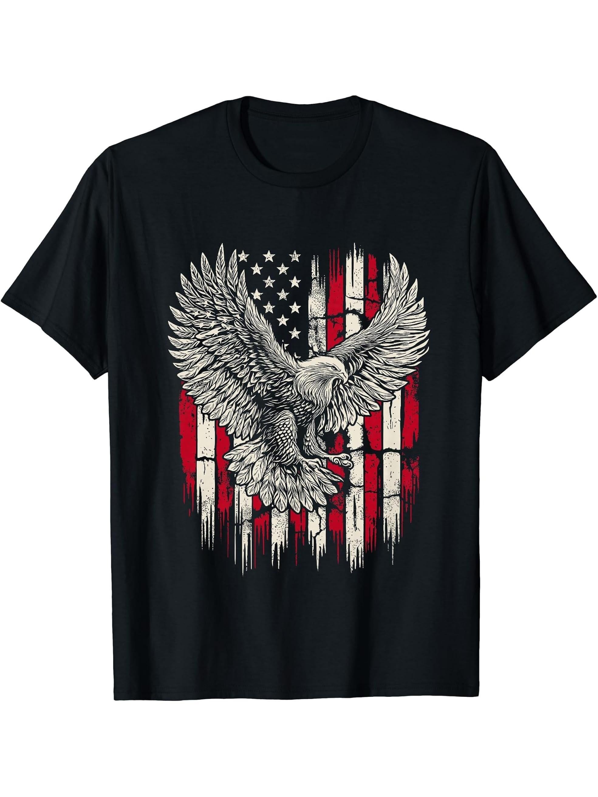 Vintage Bald Eagle Distressed American Flag USA 4th of July T-Shirt 180G 100% Cotton Printed Round Neck Short-Sleeve T-Shirt, Gifts for Men Dad Husband Grandpa, S-XXXL, Black