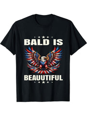 Bald Is Beautiful 4th of July Independence Day Bald Eagle T-Shirt 180G 100% Cotton Printed Round Neck Short-Sleeve T-Shirt, Gifts for Men Dad Husband Grandpa, S-XXXL, Black