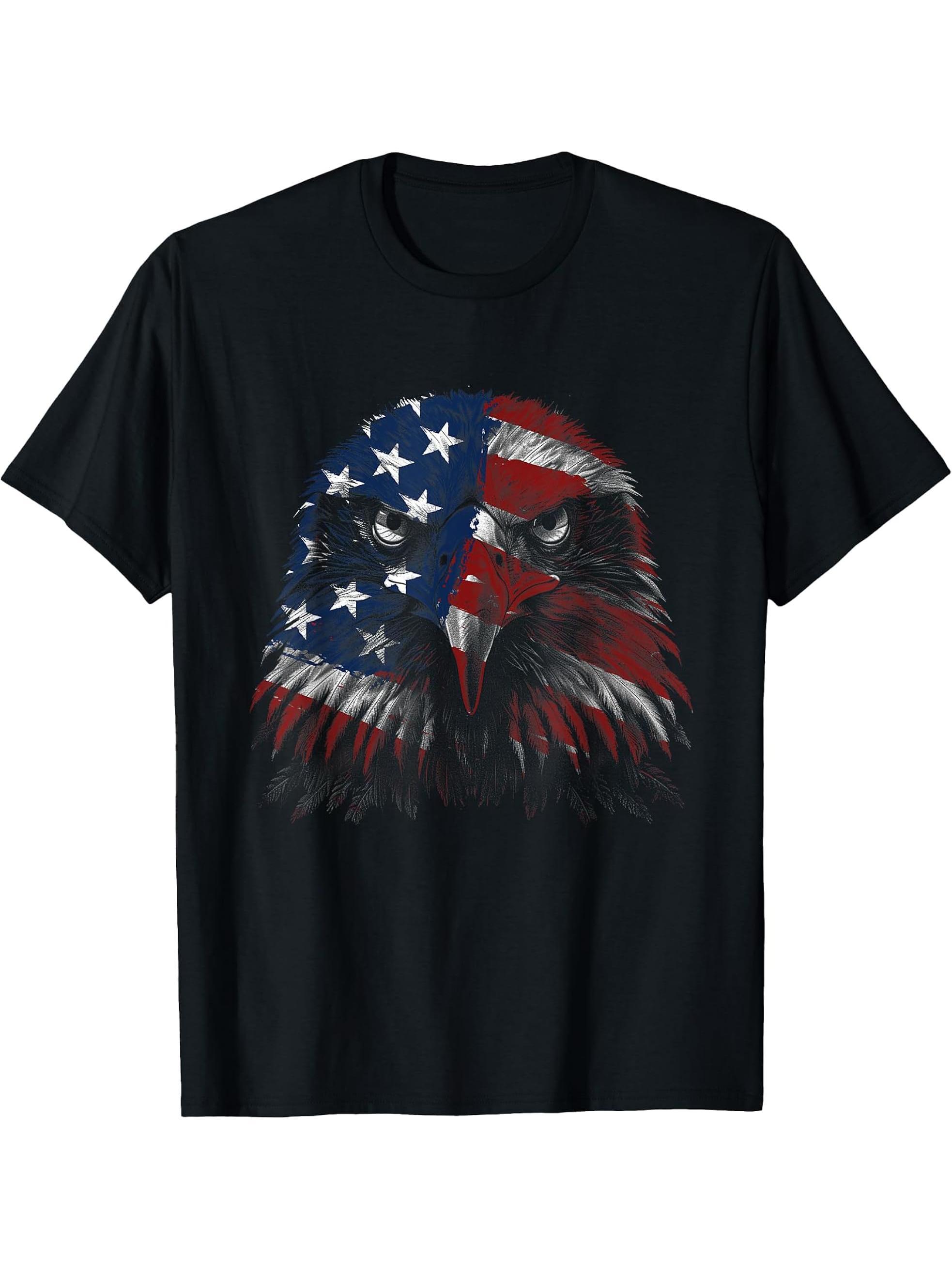 Bald Eagle 4th Of July American Flag Patriotic USA T-Shirt 180G 100% Cotton Printed Round Neck Short-Sleeve T-Shirt, Gifts for Men Dad Husband Grandpa, S-XXXL, Black