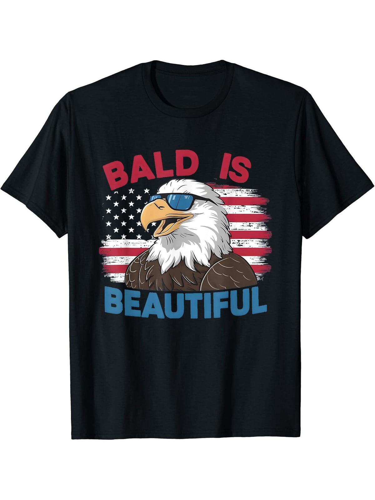 Bald Is Beautiful 4th Of July Cool Bald Eagle Sun Glasses T-Shirt 180G 100% Cotton Printed Round Neck Short-Sleeve T-Shirt, Gifts for Men Dad Husband Grandpa, S-XXXL, Black