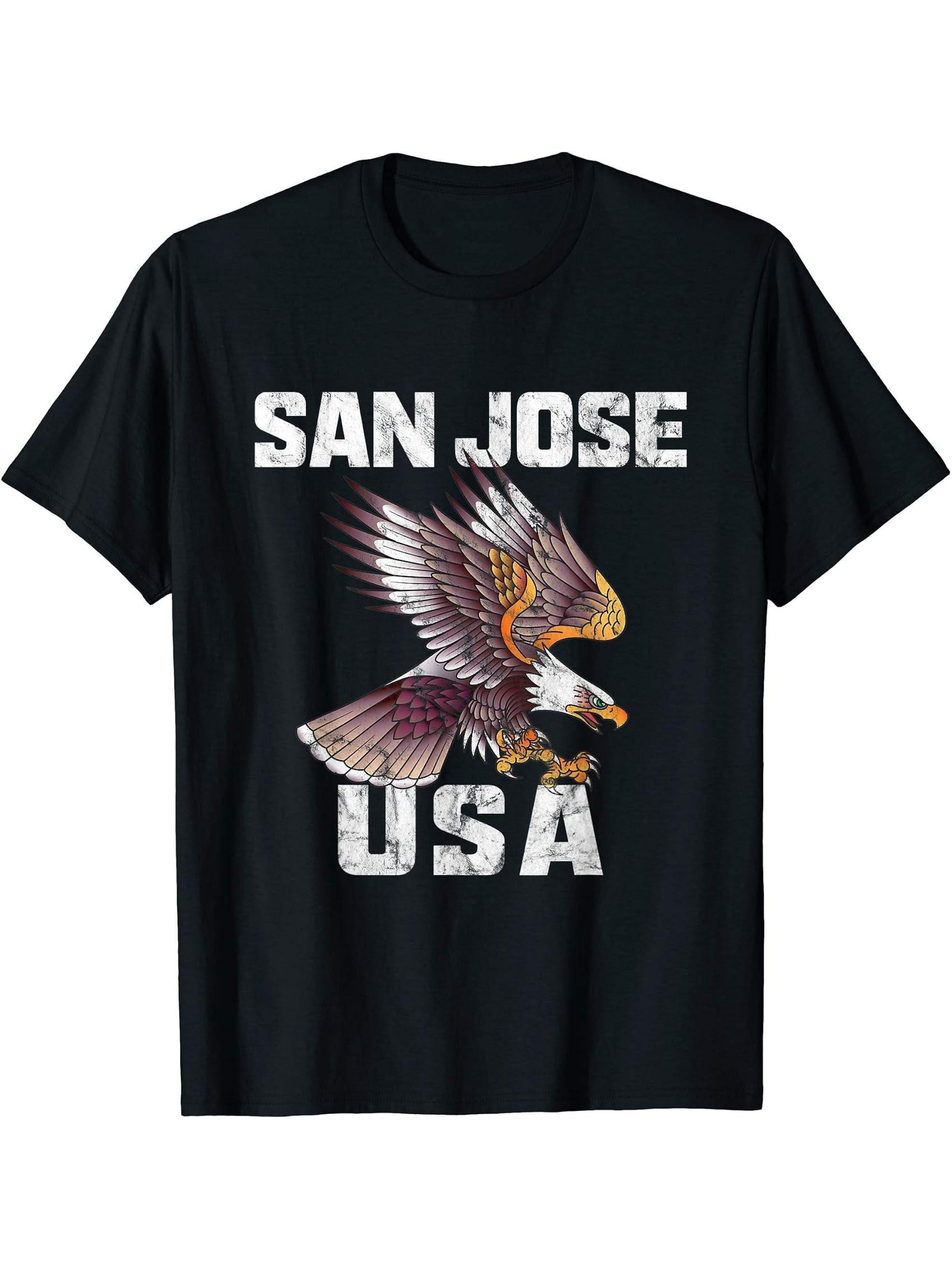 Retro Distressed San Jose California USA Bald Eagle Gift T-Shirt 180G 100% Cotton Printed Round Neck Short-Sleeve T-Shirt, Gifts for Men Dad Husband Grandpa, S-XXXL, Black