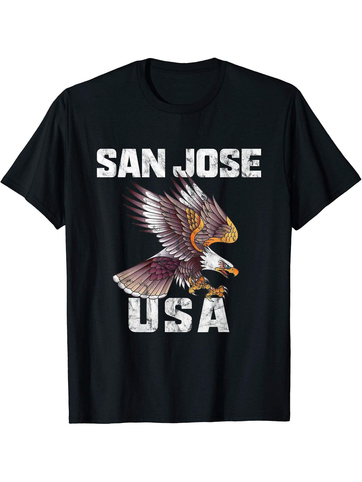 Retro Distressed San Jose California USA Bald Eagle Gift T-Shirt 180G 100% Cotton Printed Round Neck Short-Sleeve T-Shirt, Gifts for Men Dad Husband Grandpa, S-XXXL, Black