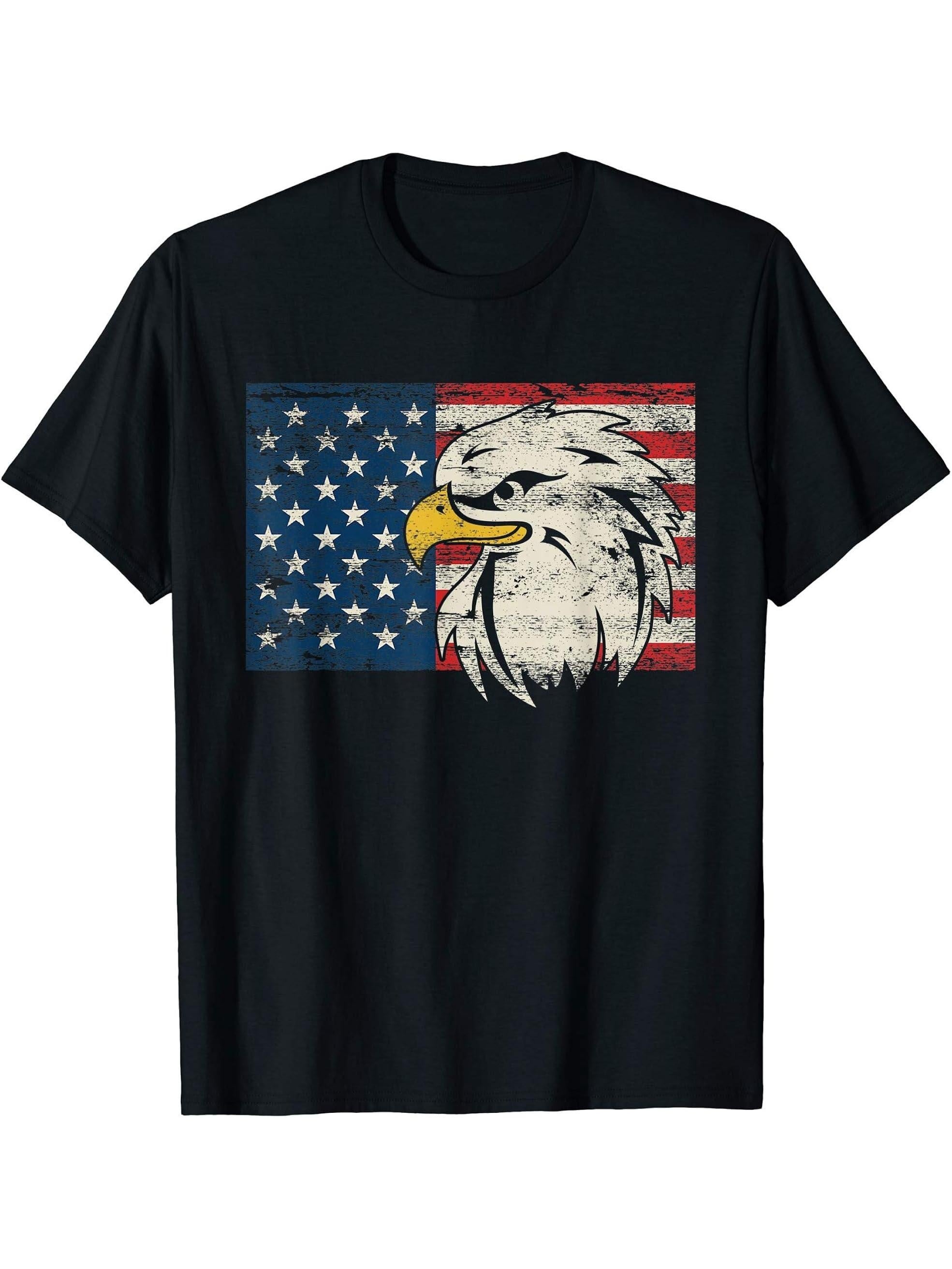 USA Shirt Vintage American Flag Bald Eagle T-Shirt 180G 100% Cotton Printed Round Neck Short-Sleeve T-Shirt, Gifts for Men Dad Husband Grandpa, S-XXXL, Black