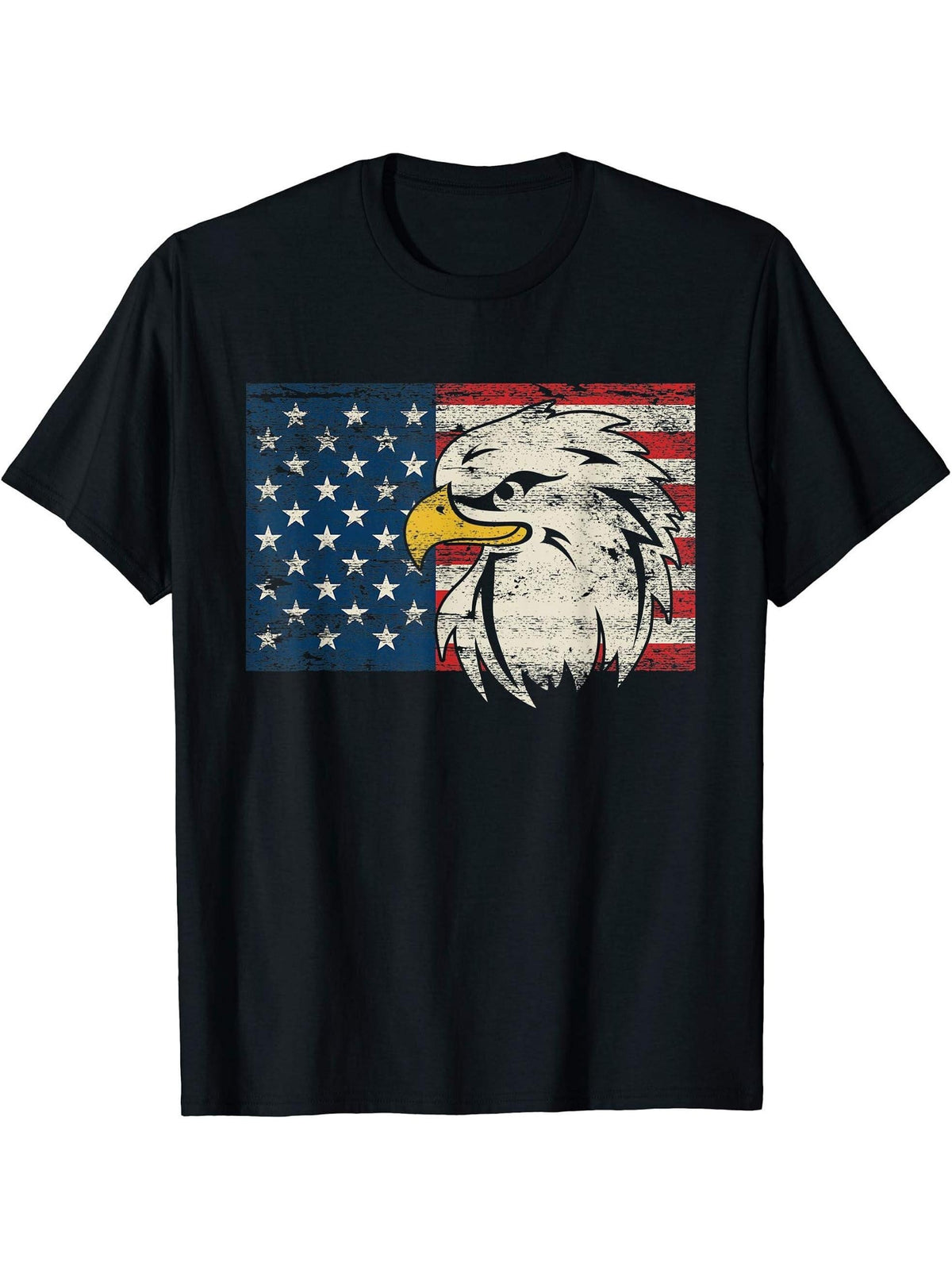 USA Shirt Vintage American Flag Bald Eagle T-Shirt 180G 100% Cotton Printed Round Neck Short-Sleeve T-Shirt, Gifts for Men Dad Husband Grandpa, S-XXXL, Black