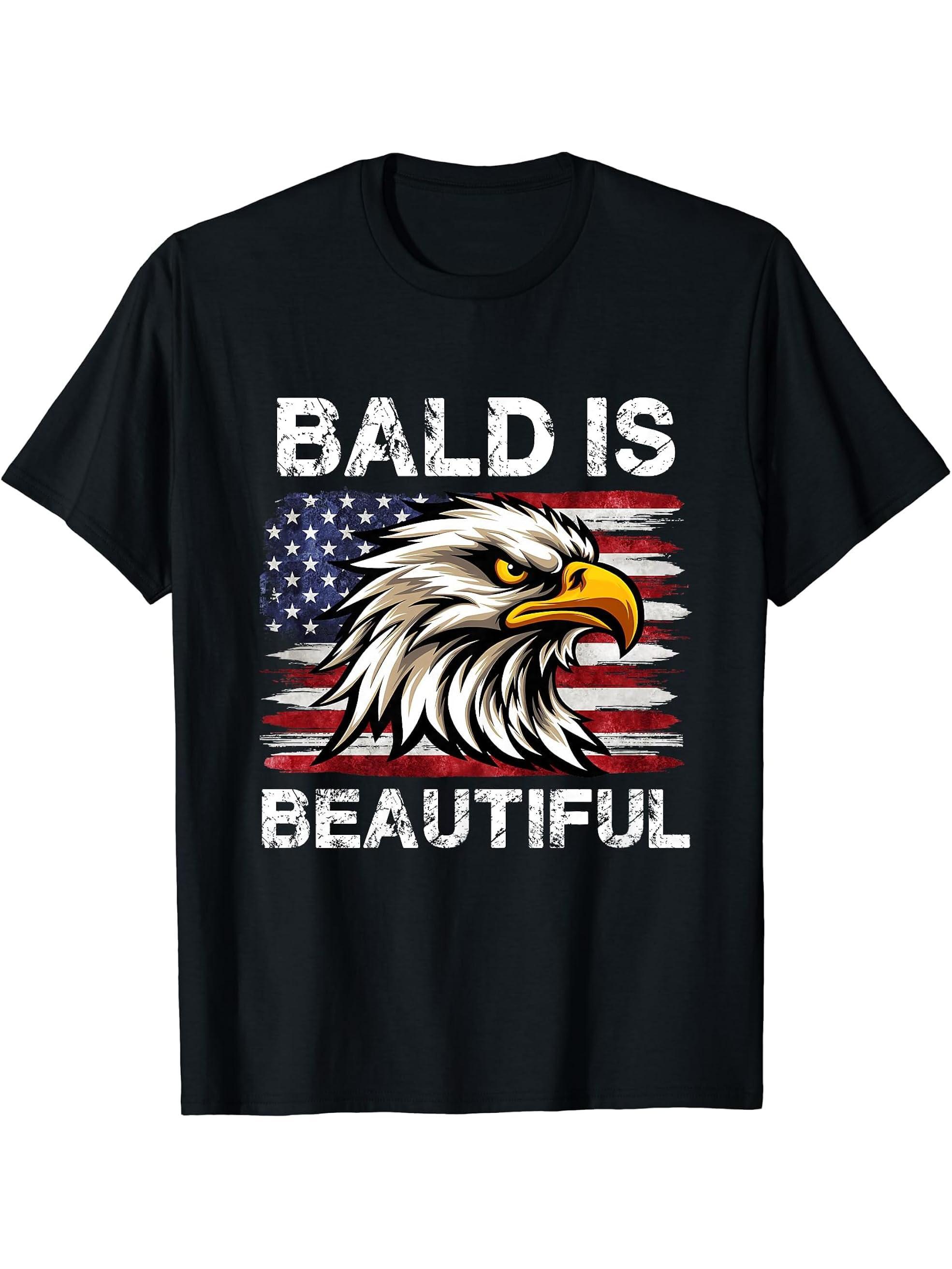 Bald Is Beautiful 4th of July Independence Day Bald Eagle T-Shirt 180G 100% Cotton Printed Round Neck Short-Sleeve T-Shirt, Gifts for Men Dad Husband Grandpa, S-XXXL, Black