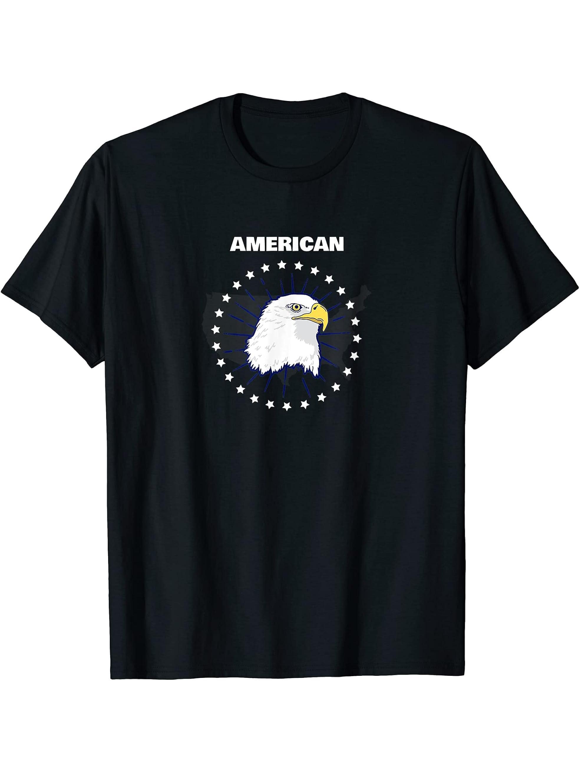 American Bald Eagle & Stars USA T-Shirt 180G 100% Cotton Printed Round Neck Short-Sleeve T-Shirt, Gifts for Men Dad Husband Grandpa, S-XXXL, Black