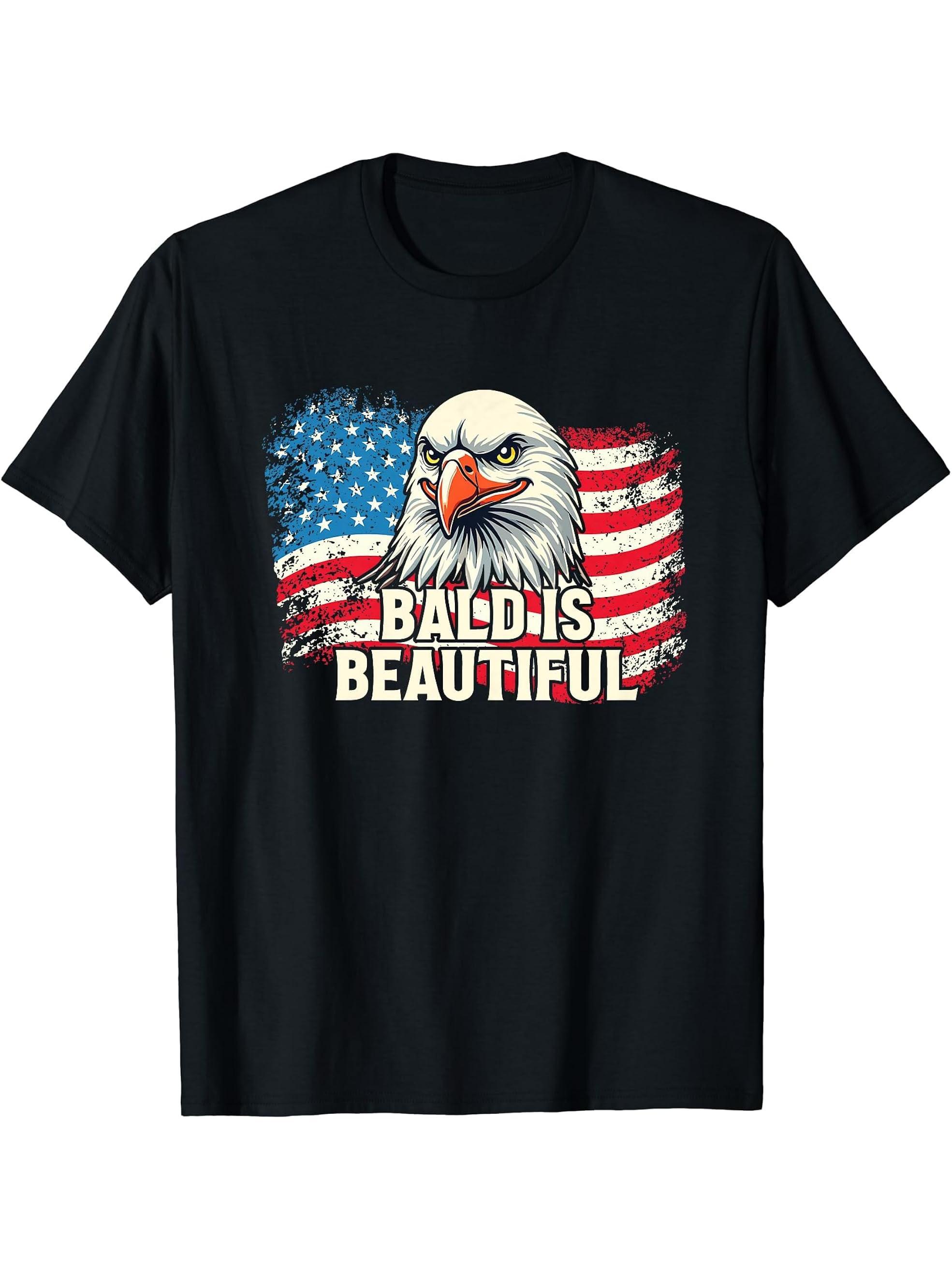 Bald Is Beautiful 4th of July Independence Day Bald Eagle T-Shirt 180G 100% Cotton Printed Round Neck Short-Sleeve T-Shirt, Gifts for Men Dad Husband Grandpa, S-XXXL, Black