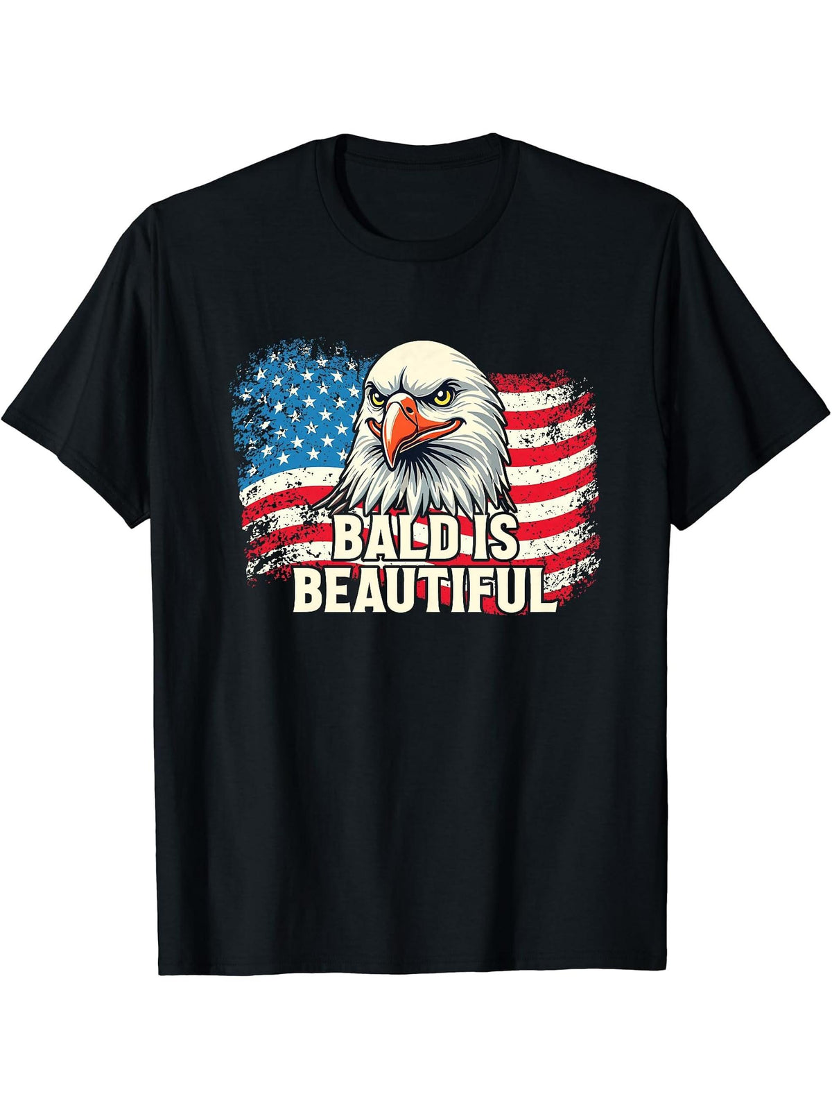 Bald Is Beautiful 4th of July Independence Day Bald Eagle T-Shirt 180G 100% Cotton Printed Round Neck Short-Sleeve T-Shirt, Gifts for Men Dad Husband Grandpa, S-XXXL, Black