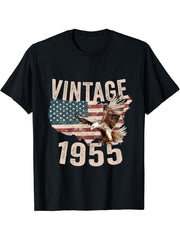 Vintage 1955 Bald Eagle American Flag Country T-Shirt 180G 100% Cotton Printed Round Neck Short-Sleeve T-Shirt, Gifts for Men Dad Husband Grandpa, S-XXXL, Black
