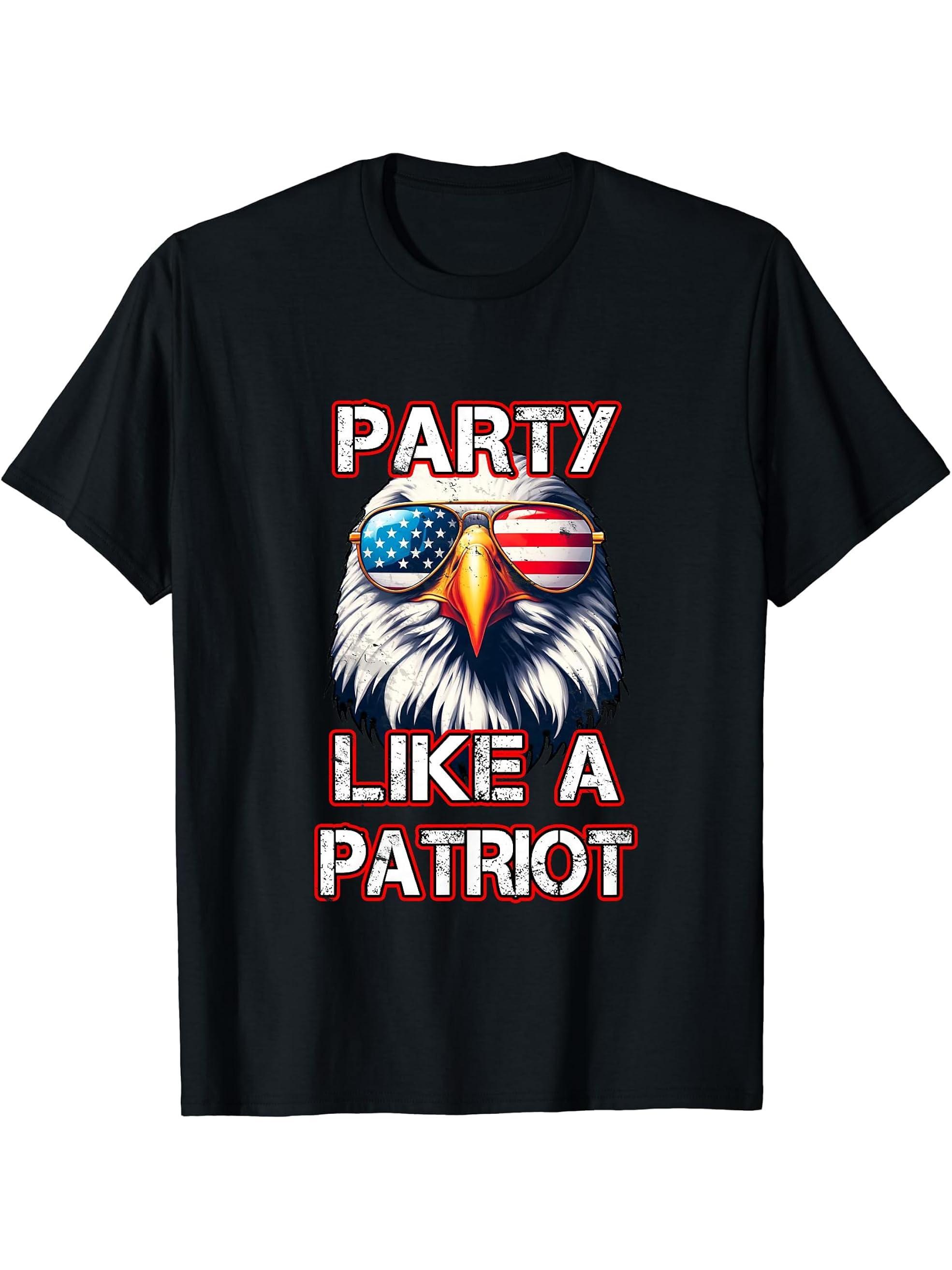 American Bald Eagle Party Like a Patriot Epic T-Shirt 180G 100% Cotton Printed Round Neck Short-Sleeve T-Shirt, Gifts for Men Dad Husband Grandpa, S-XXXL, Black