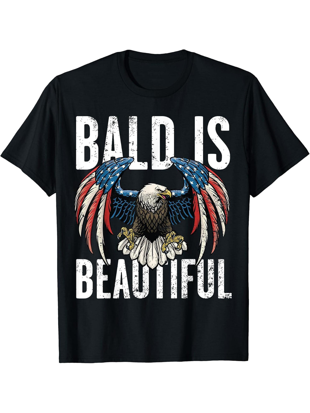 Bald Is Beautiful 4th of July Independence Day Bald Eagle T-Shirt 180G 100% Cotton Printed Round Neck Short-Sleeve T-Shirt, Gifts for Men Dad Husband Grandpa, S-XXXL, Black