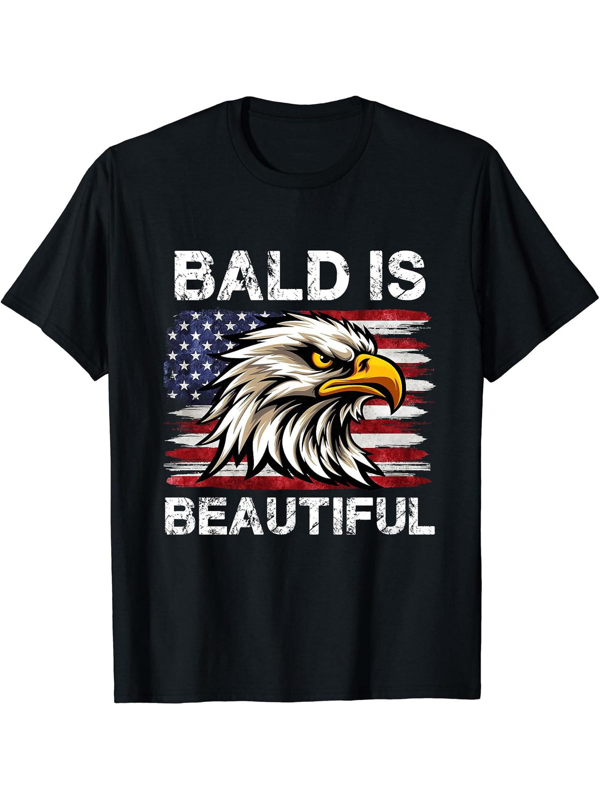 Bald Is Beautiful 4th of July Independence Day Bald Eagle T-Shirt 180G 100% Cotton Printed Round Neck Short-Sleeve T-Shirt, Gifts for Men Dad Husband Grandpa, S-XXXL, Black