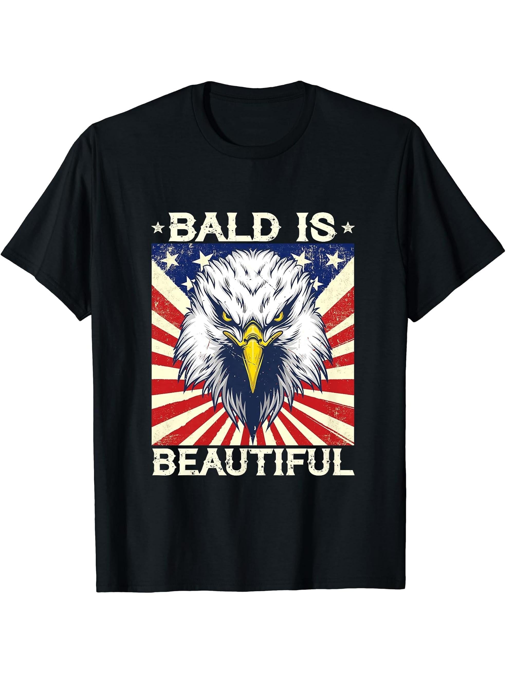 Bald Is Beautiful 4th of July Independence Day Bald Eagle T-Shirt 180G 100% Cotton Printed Round Neck Short-Sleeve T-Shirt, Gifts for Men Dad Husband Grandpa, S-XXXL, Black
