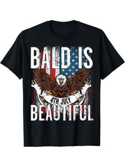 Bald Is Beautiful 4th of July Independence Day Bald Eagle T-Shirt 180G 100% Cotton Printed Round Neck Short-Sleeve T-Shirt, Gifts for Men Dad Husband Grandpa, S-XXXL, Black