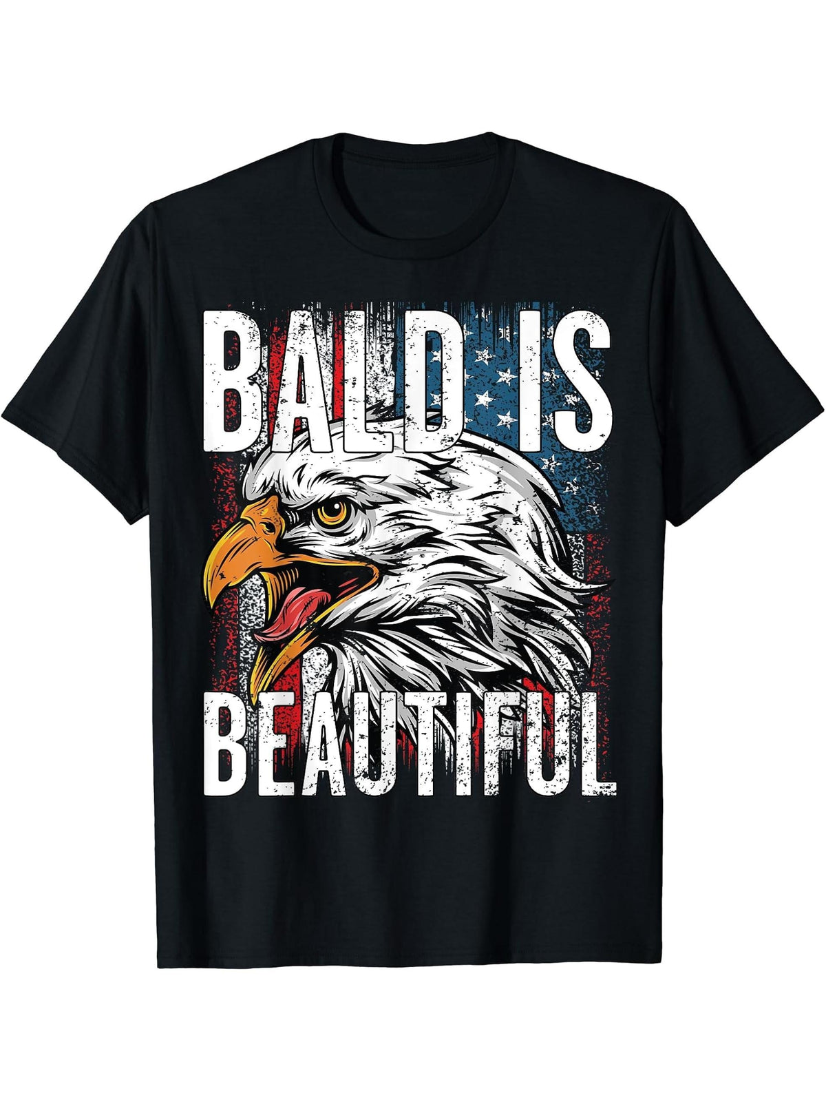Bald Is Beautiful 4th of July Independence Day Bald Eagle T-Shirt 180G 100% Cotton Printed Round Neck Short-Sleeve T-Shirt, Gifts for Men Dad Husband Grandpa, S-XXXL, Black