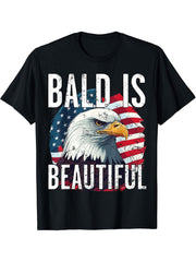 Bald Is Beautiful 4th of July Independence Day Bald Eagle T-Shirt 180G 100% Cotton Printed Round Neck Short-Sleeve T-Shirt, Gifts for Men Dad Husband Grandpa, S-XXXL, Black