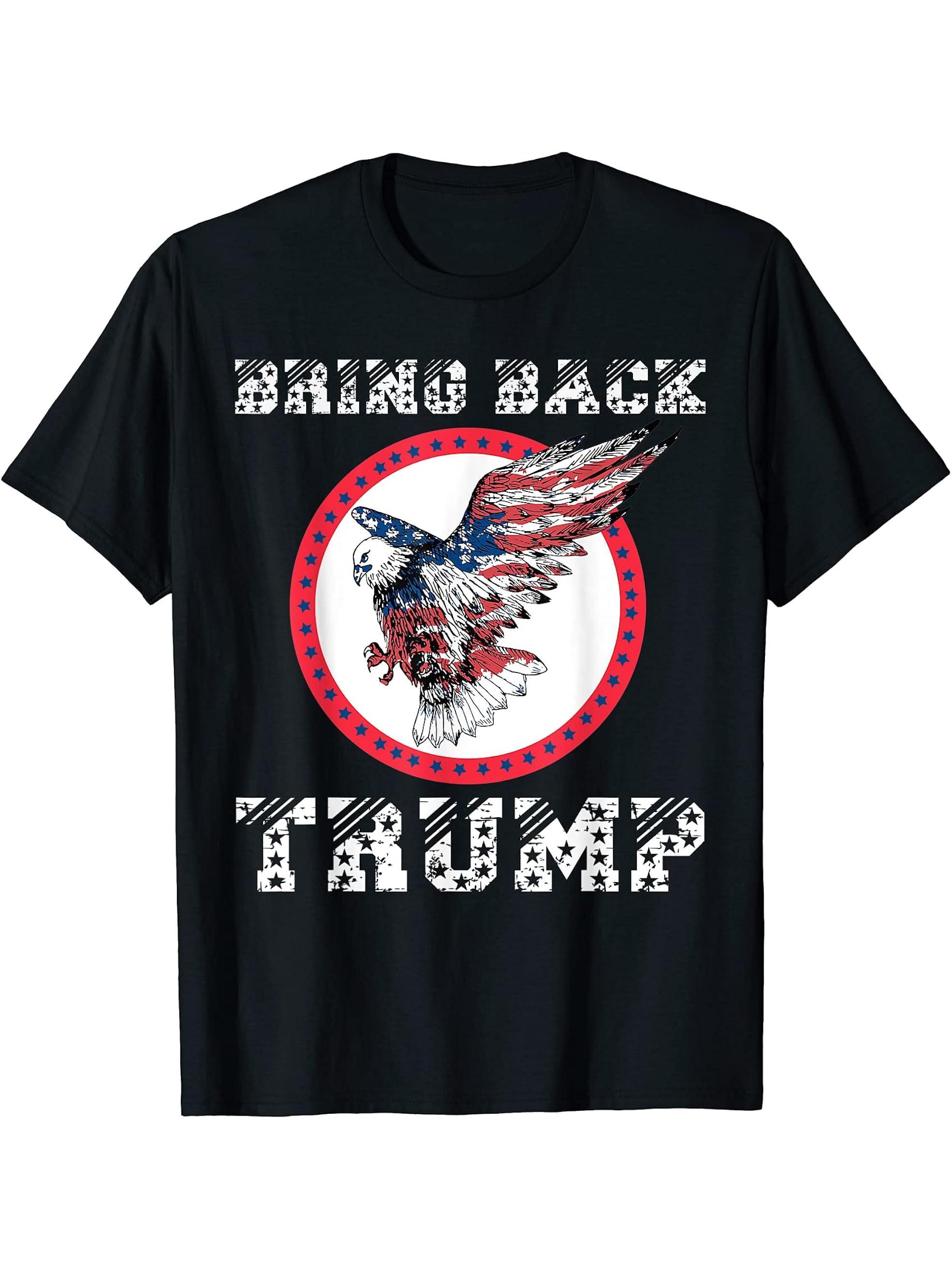 Bring Back Trump Patriotic American Flag Bald Eagle Vintage T-Shirt 180G 100% Cotton Printed Round Neck Short-Sleeve T-Shirt, Gifts for Men Dad Husband Grandpa, S-XXXL, Black