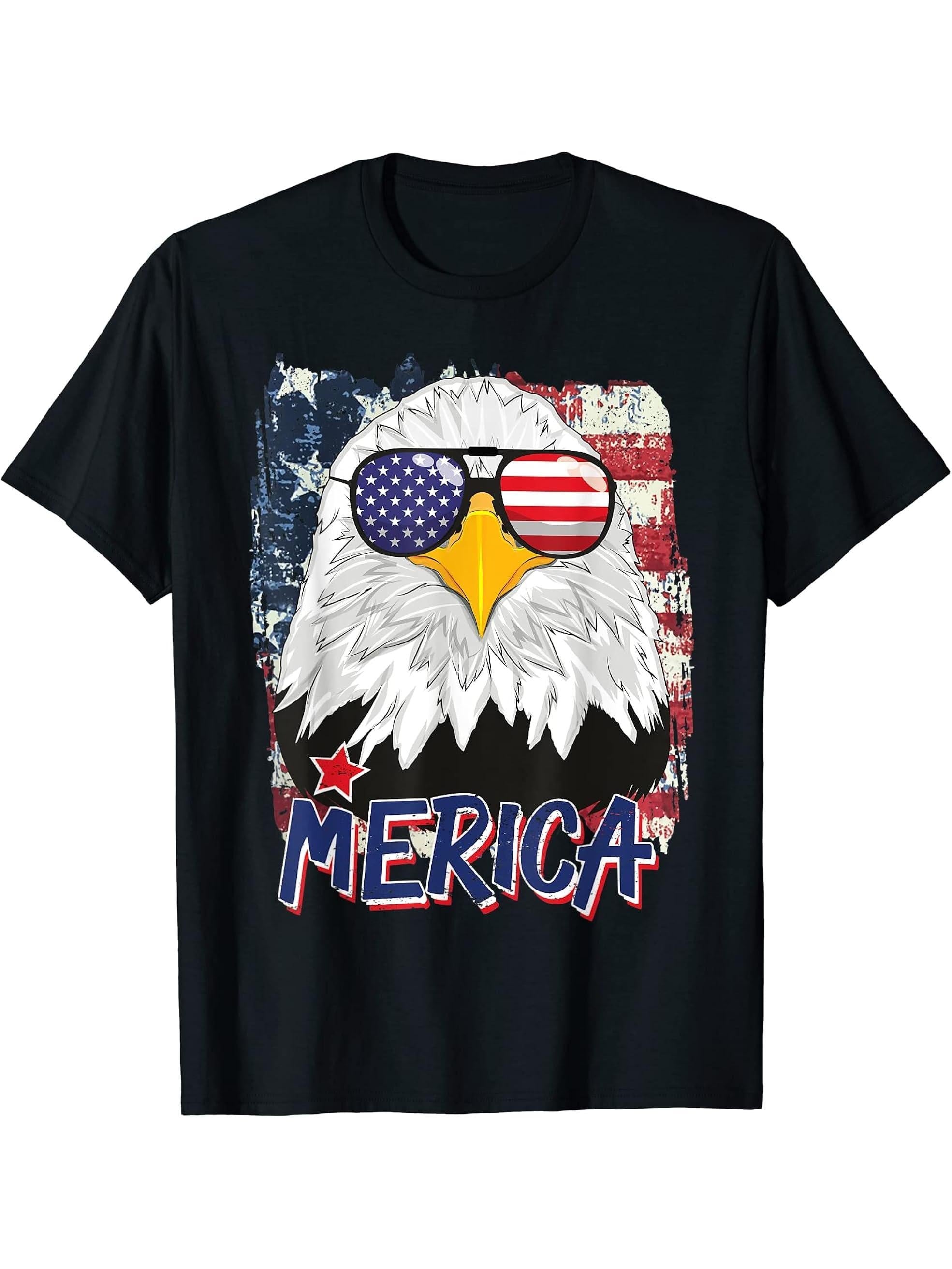 American Flag Bald Eagle Merica 4th Of July USA Sunglasses T-Shirt 180G 100% Cotton Printed Round Neck Short-Sleeve T-Shirt, Gifts for Men Dad Husband Grandpa, S-XXXL, Black