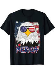 American Flag Bald Eagle Merica 4th Of July USA Sunglasses T-Shirt 180G 100% Cotton Printed Round Neck Short-Sleeve T-Shirt, Gifts for Men Dad Husband Grandpa, S-XXXL, Black
