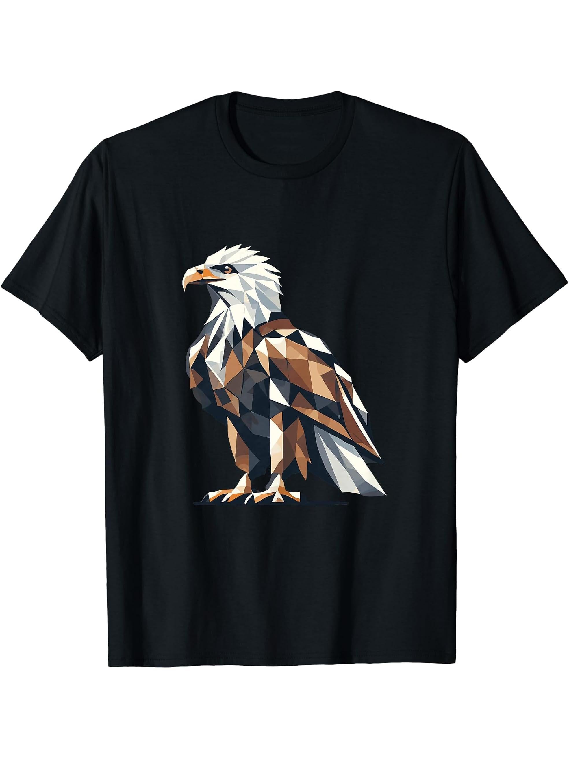 Geometric Art Bald Eagle Bald Eagles T-Shirt 180G 100% Cotton Printed Round Neck Short-Sleeve T-Shirt, Gifts for Men Dad Husband Grandpa, S-XXXL, Black
