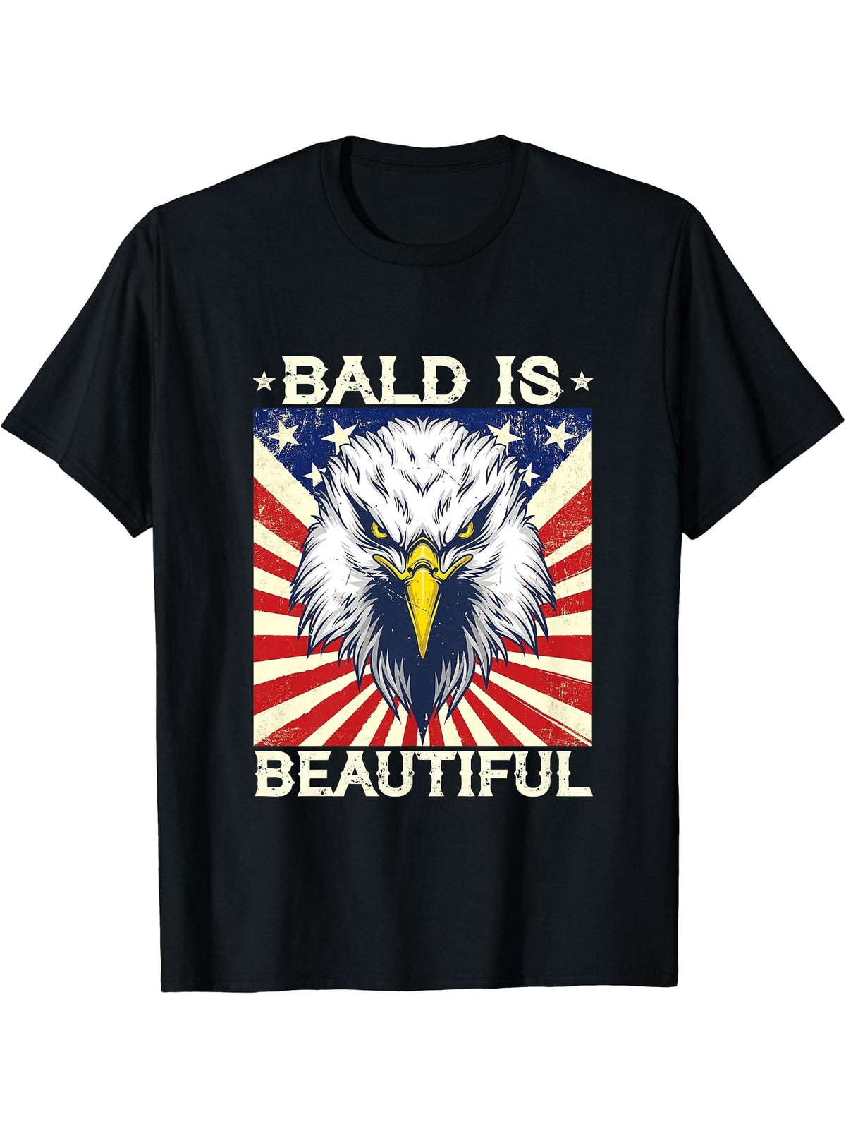 Bald Is Beautiful 4th of July Independence Day Bald Eagle T-Shirt 180G 100% Cotton Printed Round Neck Short-Sleeve T-Shirt, Gifts for Men Dad Husband Grandpa, S-XXXL, Black