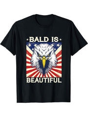 Bald Is Beautiful 4th of July Independence Day Bald Eagle T-Shirt 180G 100% Cotton Printed Round Neck Short-Sleeve T-Shirt, Gifts for Men Dad Husband Grandpa, S-XXXL, Black