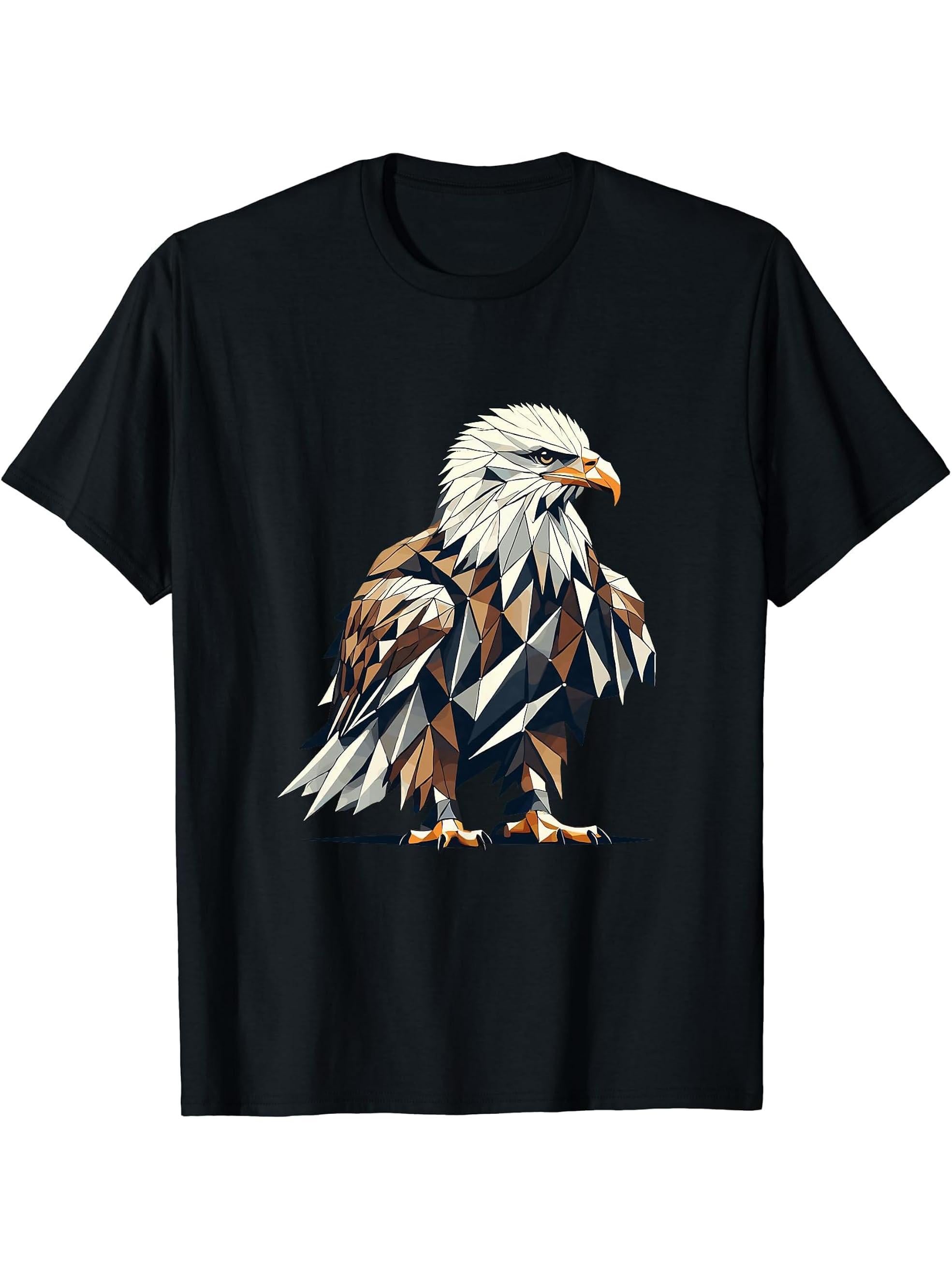 Geometric Art Bald Eagle Bald Eagles T-Shirt 180G 100% Cotton Printed Round Neck Short-Sleeve T-Shirt, Gifts for Men Dad Husband Grandpa, S-XXXL, Black