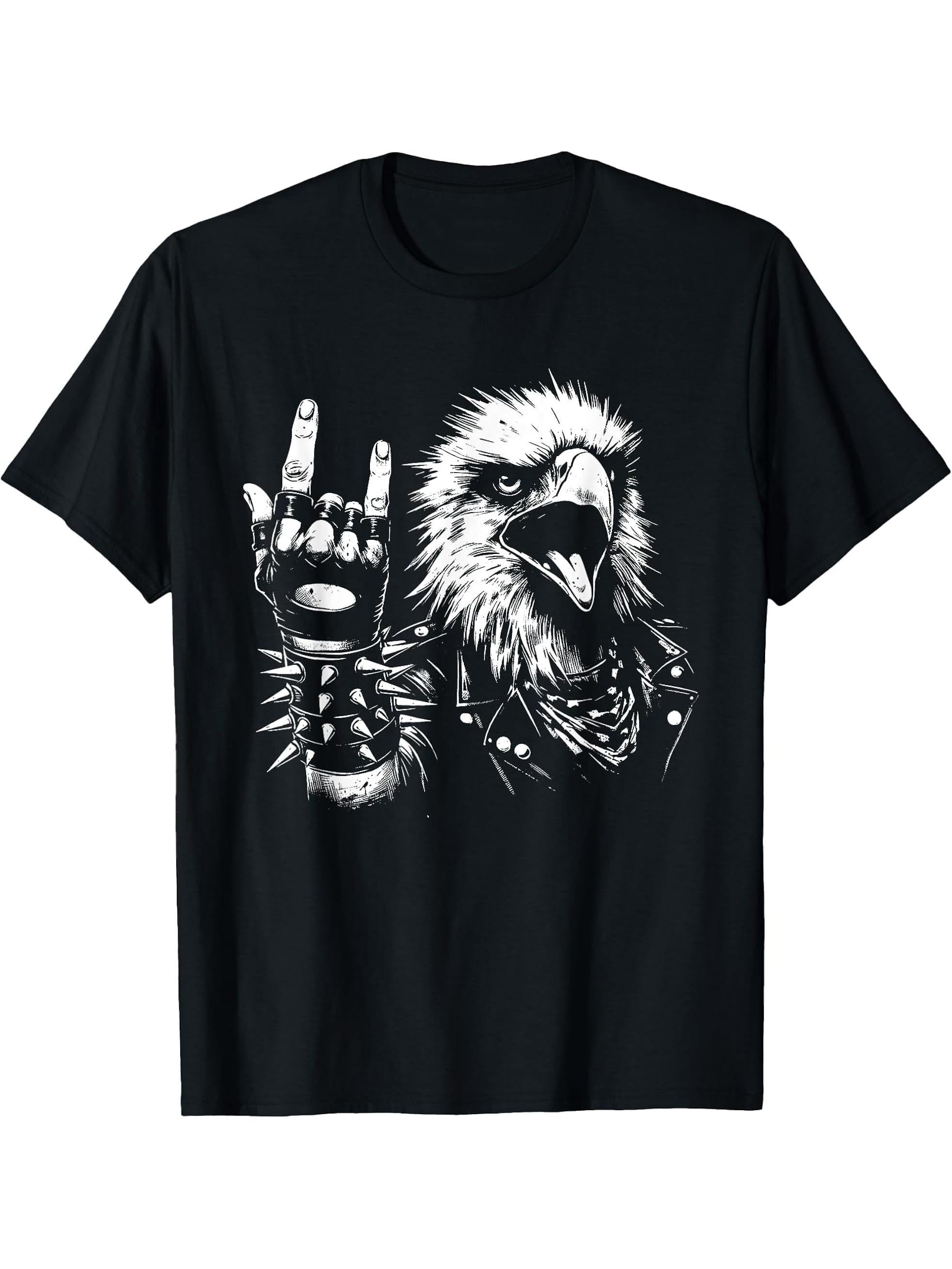 Bald Eagle Rock 'n Roll Hand Sign - Vintage Eagle Lover T-Shirt 180G 100% Cotton Printed Round Neck Short-Sleeve T-Shirt, Gifts for Men Dad Husband Grandpa, S-XXXL, Black