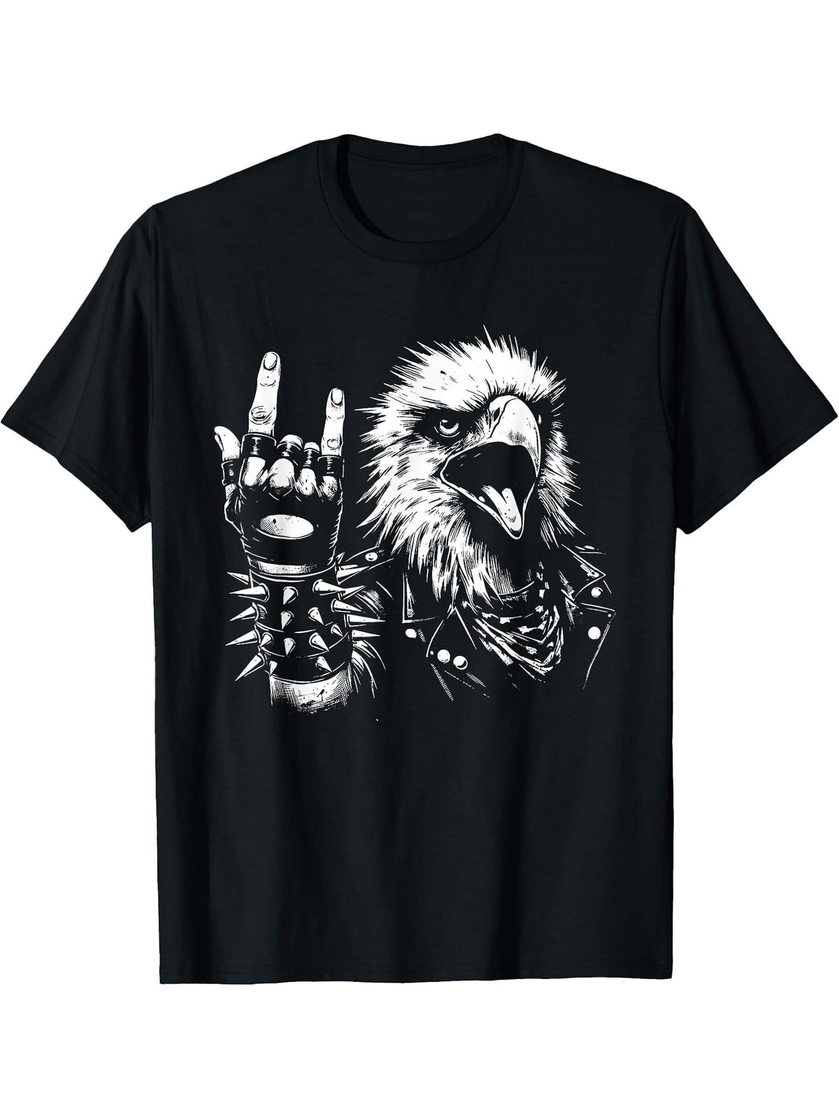 Bald Eagle Rock 'n Roll Hand Sign - Vintage Eagle Lover T-Shirt 180G 100% Cotton Printed Round Neck Short-Sleeve T-Shirt, Gifts for Men Dad Husband Grandpa, S-XXXL, Black