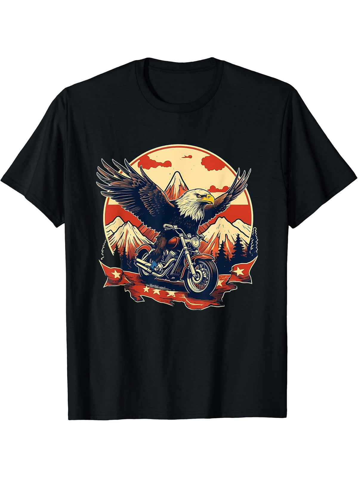 Biker Bald Eagle Riding Motorcycle T-Shirt 180G 100% Cotton Printed Round Neck Short-Sleeve T-Shirt, Gifts for Men Dad Husband Grandpa, S-XXXL, Black