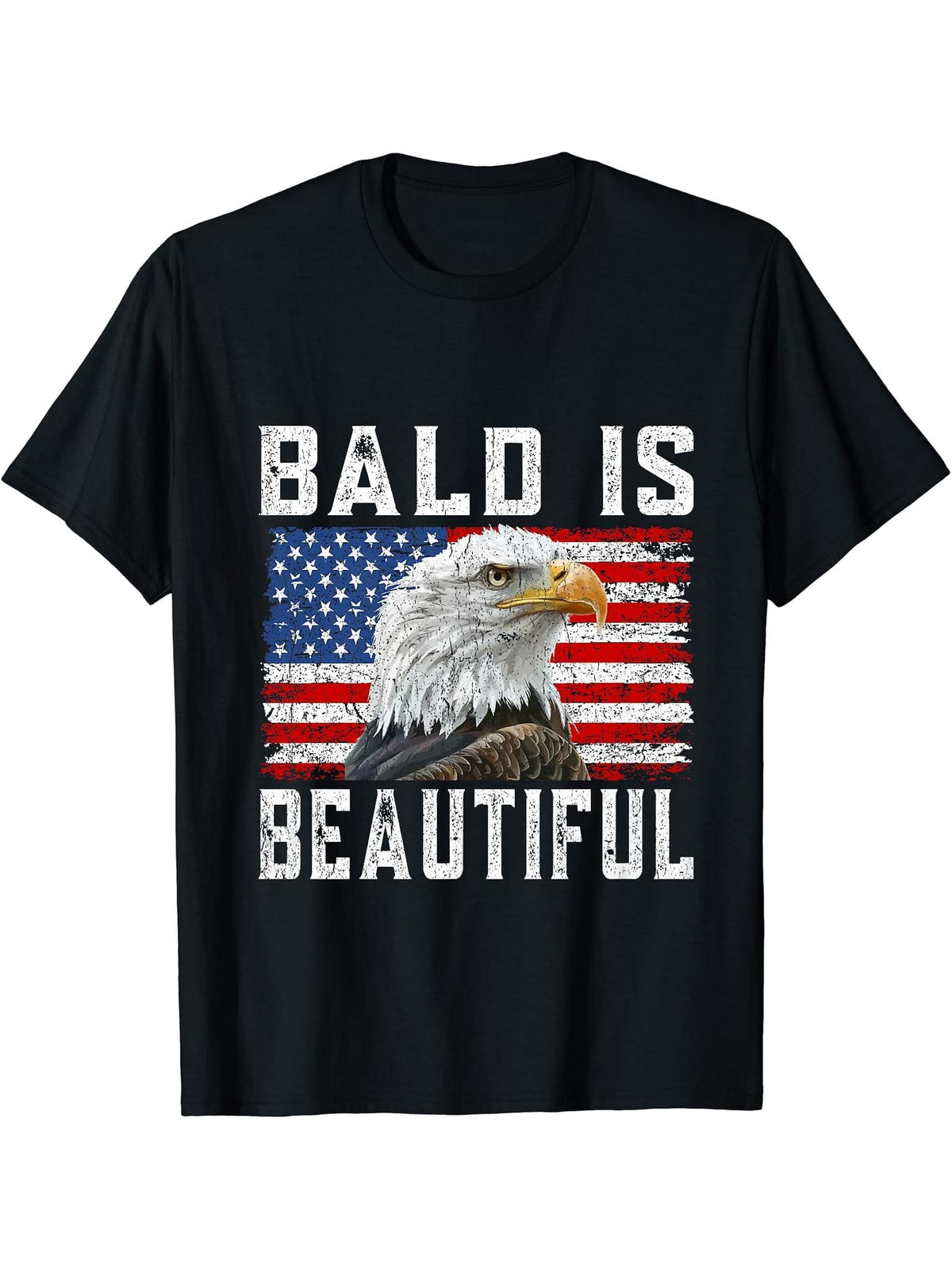Bald Is Beautiful 4th of July Independence Day Bald Eagle T-Shirt 180G 100% Cotton Printed Round Neck Short-Sleeve T-Shirt, Gifts for Men Dad Husband Grandpa, S-XXXL, Black