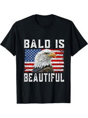 Bald Is Beautiful 4th of July Independence Day Bald Eagle T-Shirt 180G 100% Cotton Printed Round Neck Short-Sleeve T-Shirt, Gifts for Men Dad Husband Grandpa, S-XXXL, Black