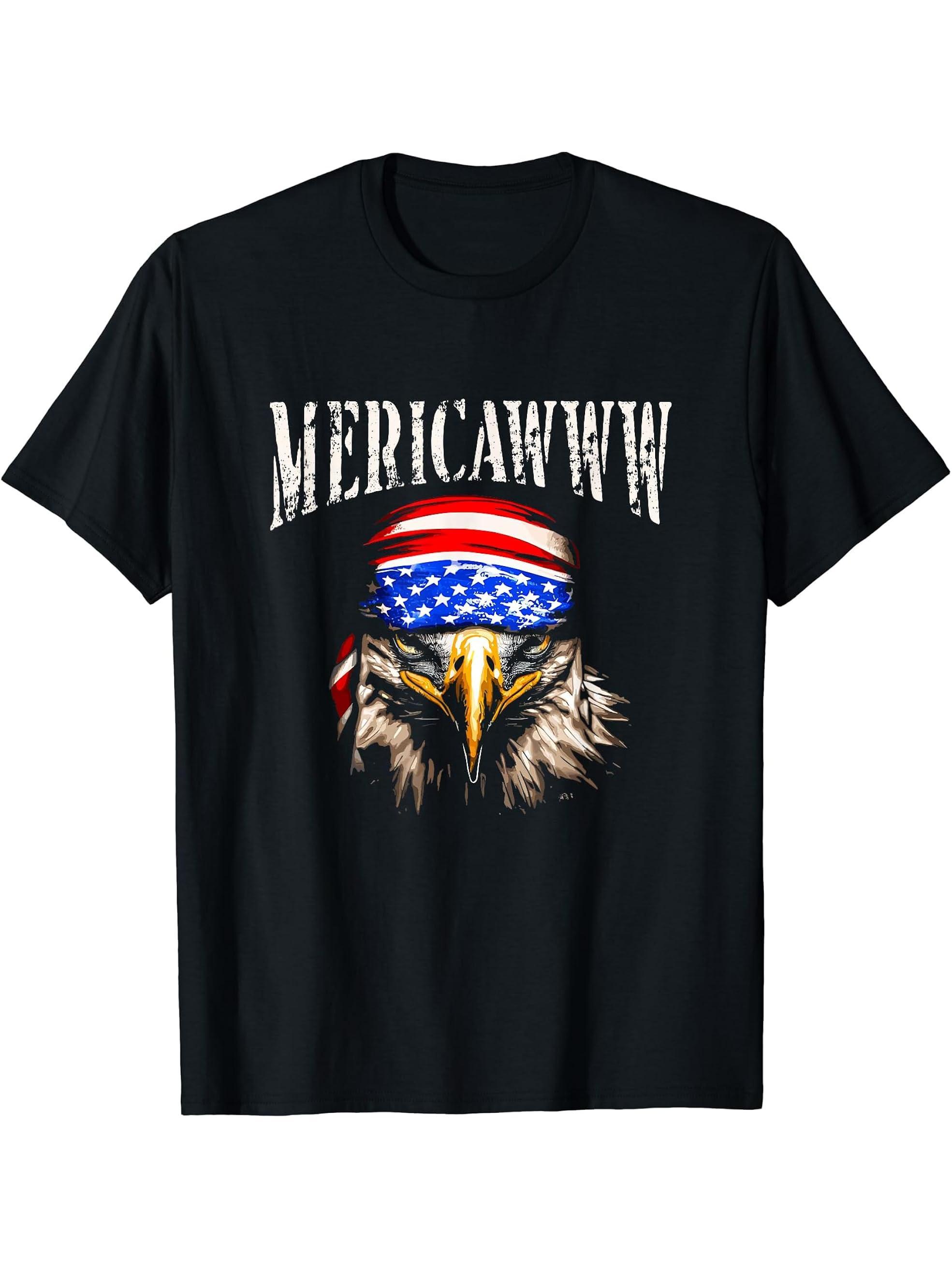 Mericawww - Retro Patriotic Bald Eagle American Flag Bandana T-Shirt 180G 100% Cotton Printed Round Neck Short-Sleeve T-Shirt, Gifts for Men Dad Husband Grandpa, S-XXXL, Black