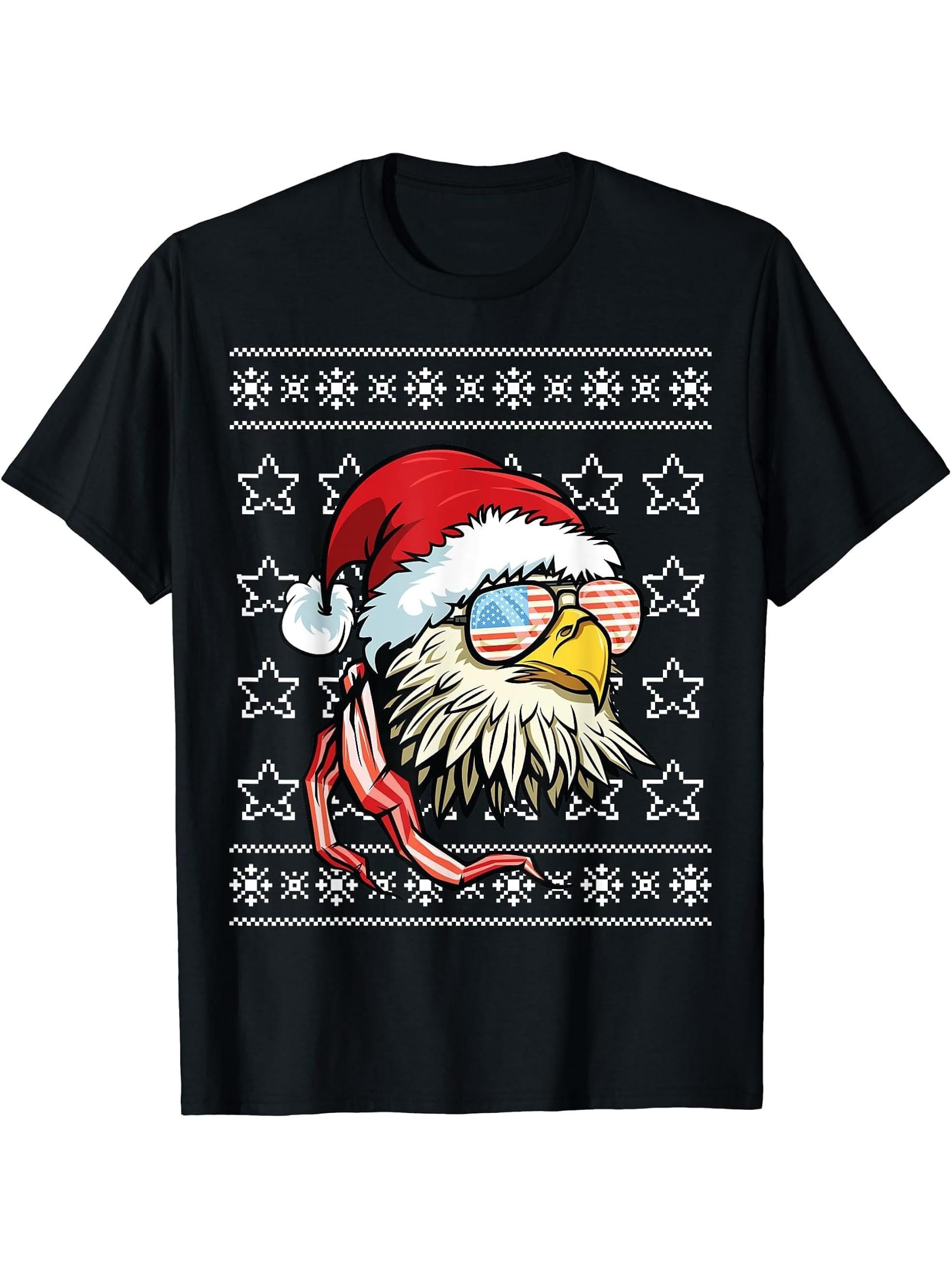 Ugly Christmas Sweater USA Flag Bald Eagle Christmas T-Shirt 180G 100% Cotton Printed Round Neck Short-Sleeve T-Shirt, Gifts for Men Dad Husband Grandpa, S-XXXL, Black