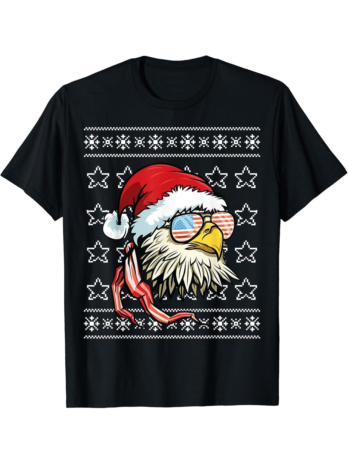 Ugly Christmas Sweater USA Flag Bald Eagle Christmas T-Shirt 180G 100% Cotton Printed Round Neck Short-Sleeve T-Shirt, Gifts for Men Dad Husband Grandpa, S-XXXL, Black